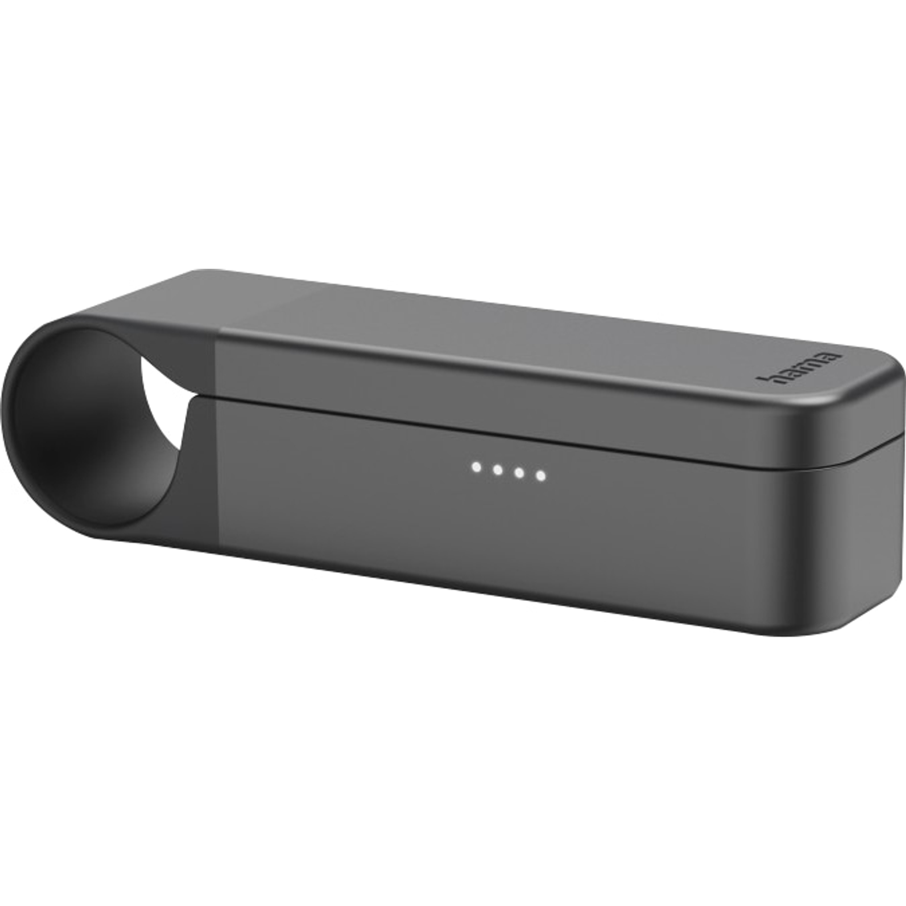 Ciemnoszary prostokątny power bank z zaokrąglonymi krawędziami, okrągłą sekcją po lewej stronie i diodami.