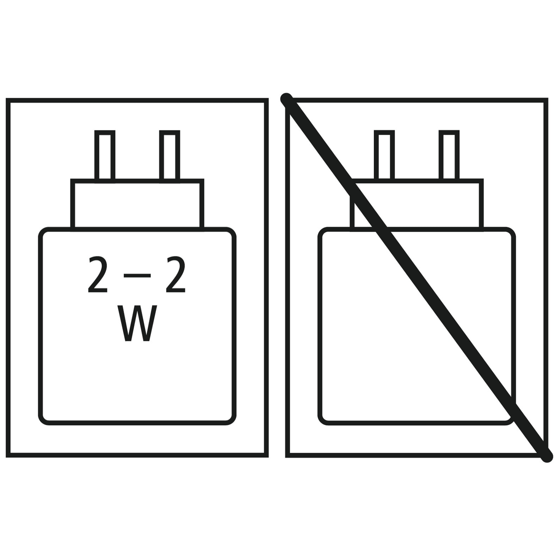 Ikona pokazująca wtyczkę z 2-2W i przekreśloną wtyczkę. Wskazuje, że urządzenie nie jest kompatybilne z tym zasilaczem.