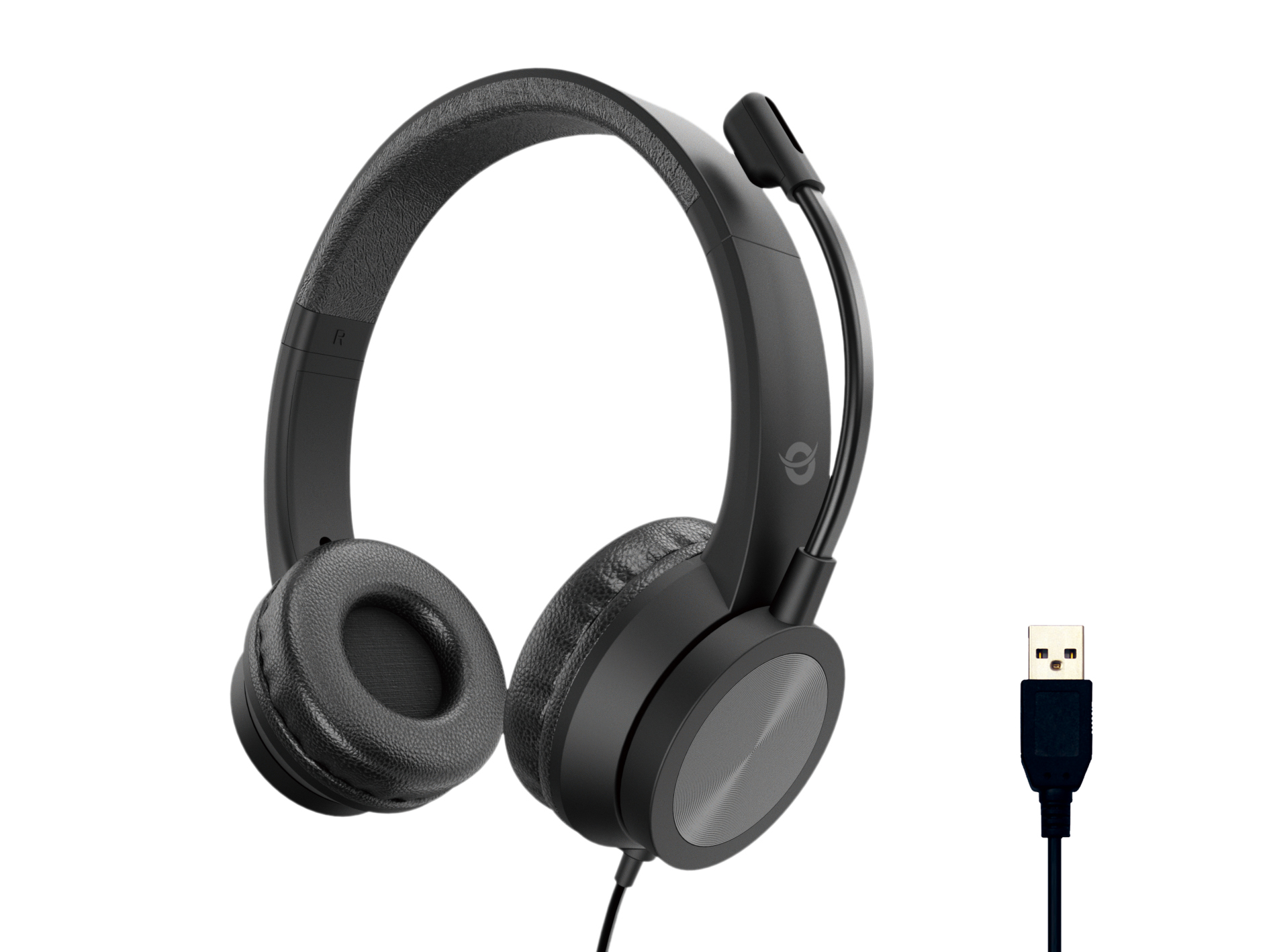 Cuffie nere con microfono e connettore USB su sfondo bianco. Le cuffie hanno archetto e padiglioni imbottiti.