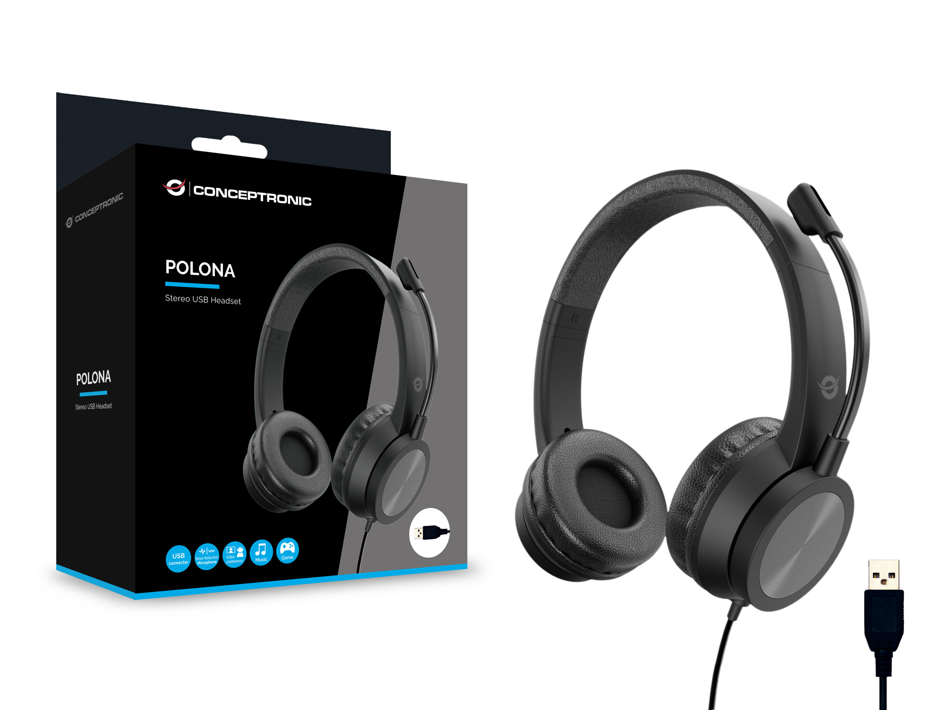 Cuffie nere e scatola con la parola POLONA. Cavo USB visibile. Il marchio è CONCEPTRONIC.