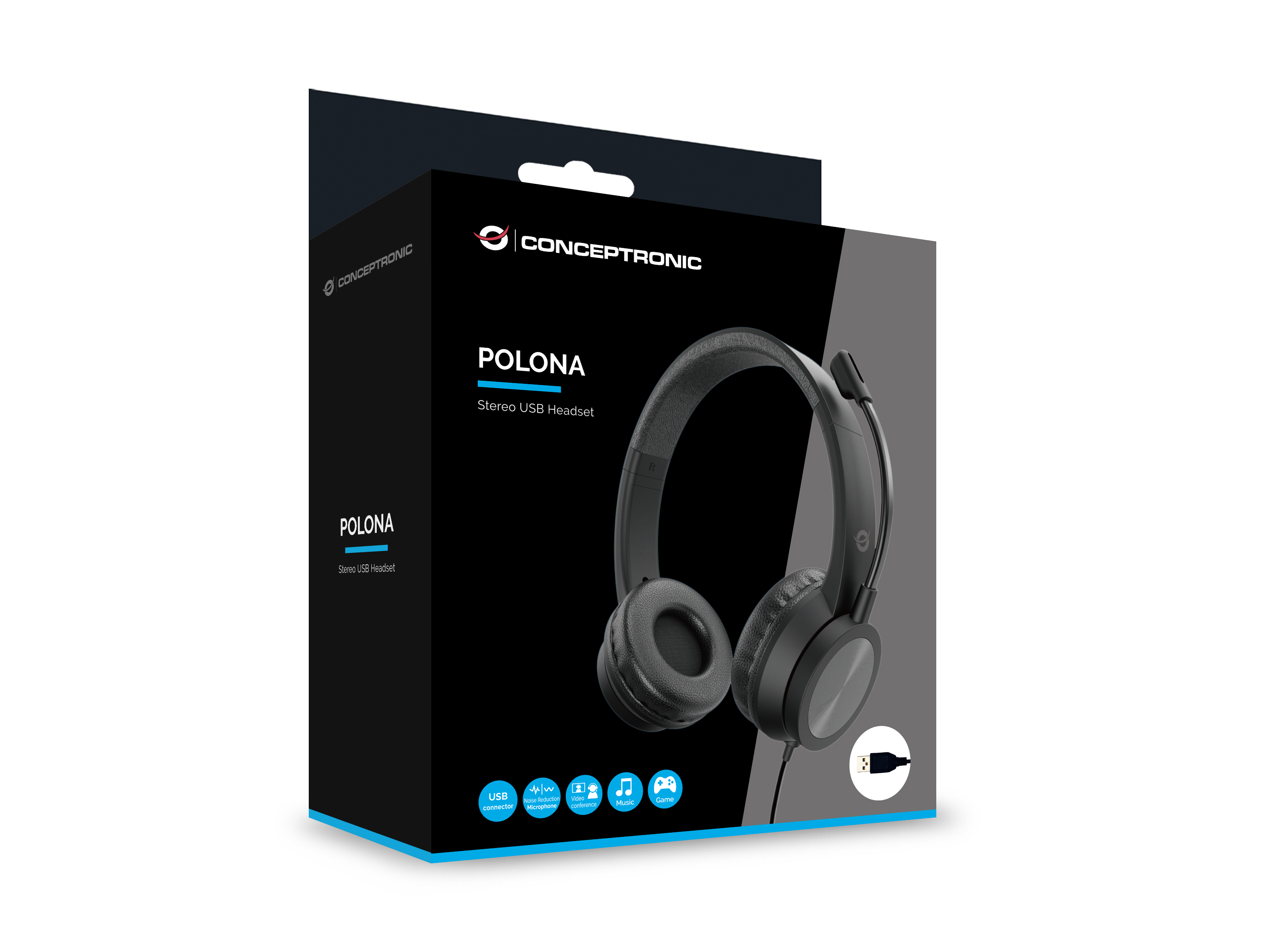 Cuffie nere su una scatola. Sulla scatola c'è la scritta 'POLONA Stereo USB Headset'. Il marchio è Conceptronic.