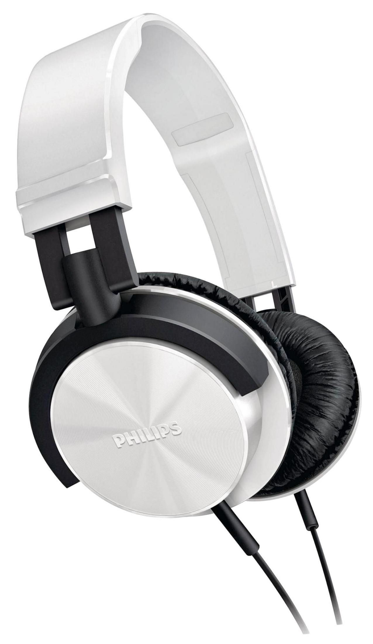 Auriculares Philips blancos y negros. Copas plateadas, almohadillas y cable negros. Diadema blanca. El logotipo de Philips es visible.