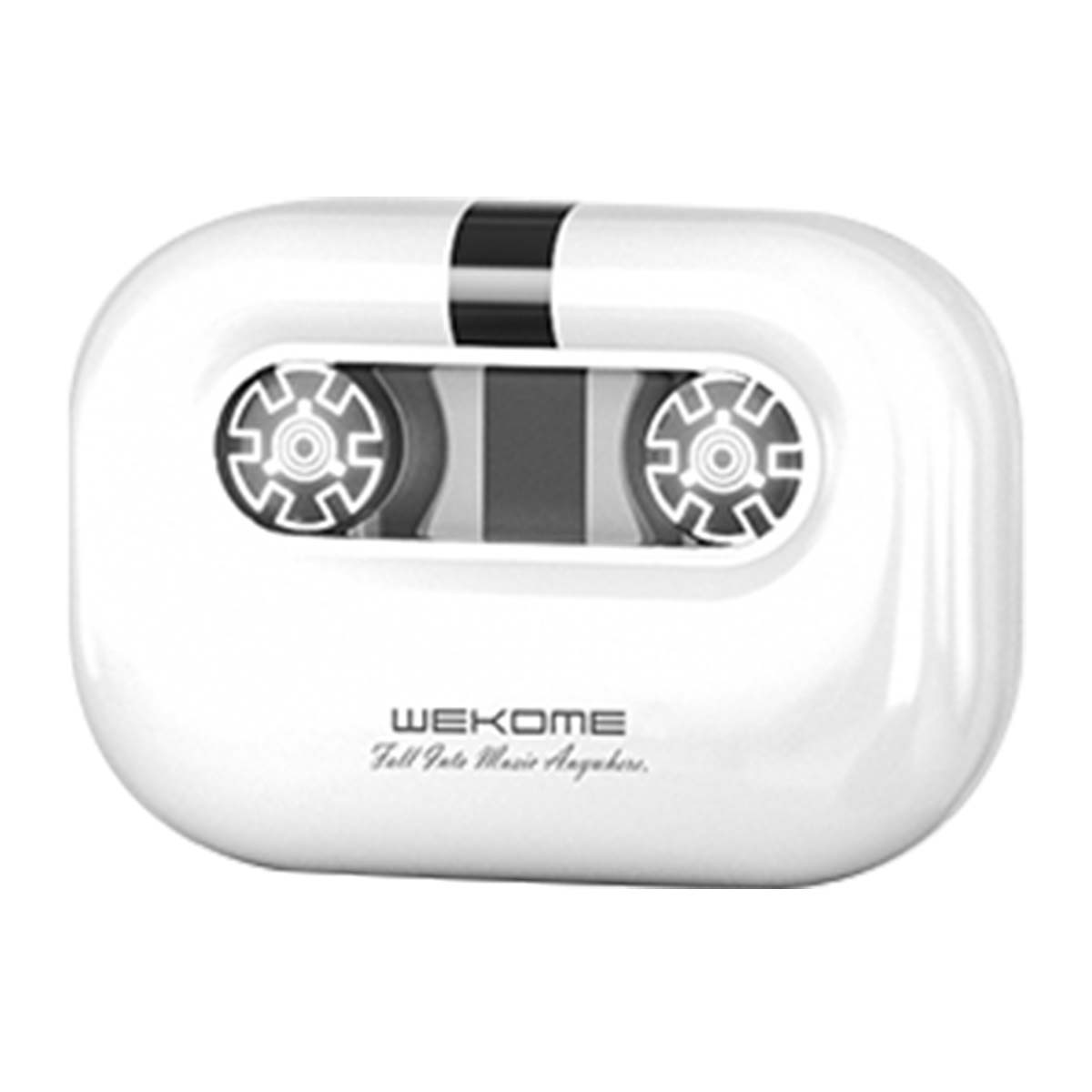 Weißes, ovales WEKOME-Audiogerät, das einem Kassettenrekorder ähnelt. Mit grauem Mittelstreifen und dekorativen Zahnrädern.