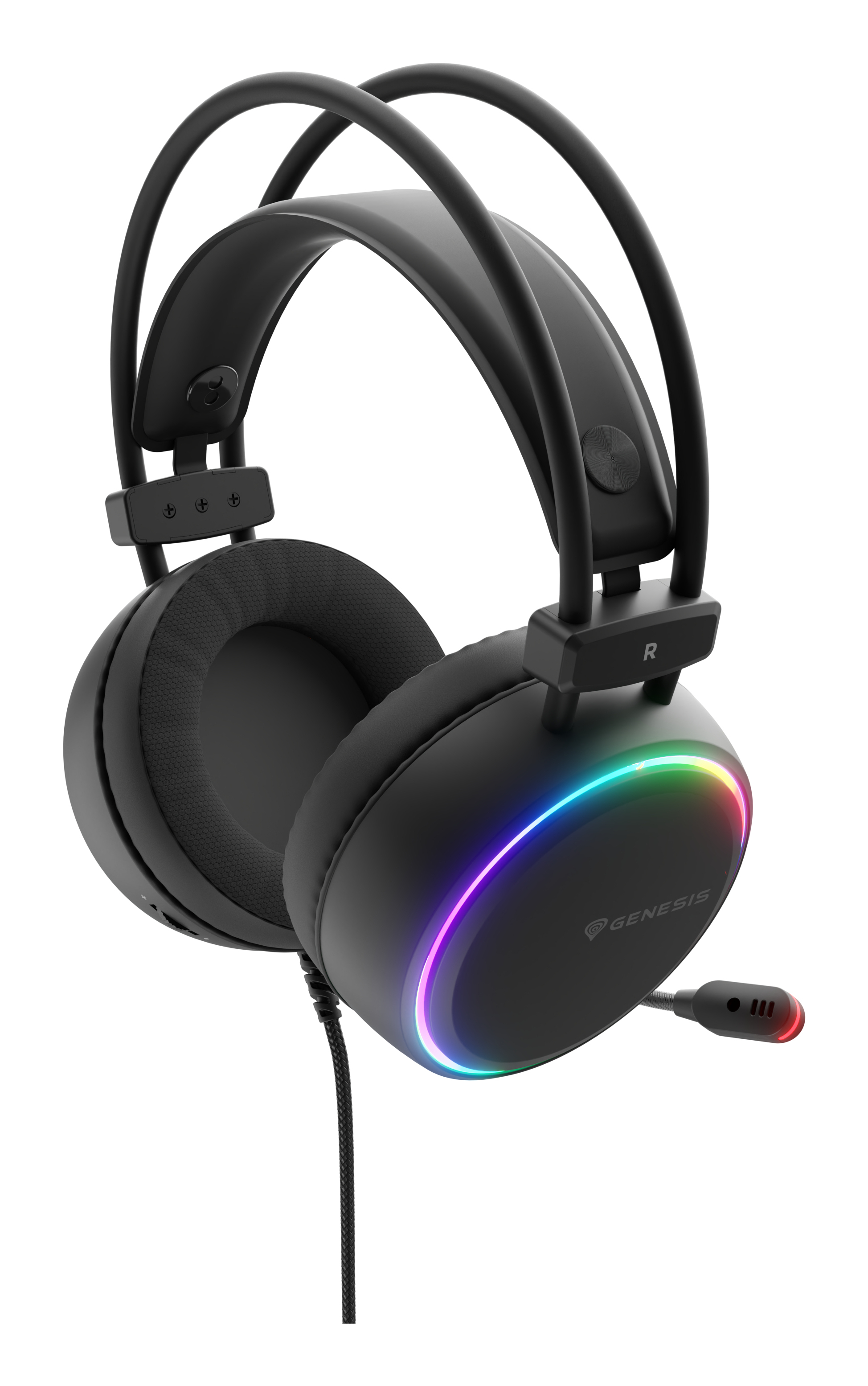Cuffie da gioco nere con luci RGB. Dotate di microfono e logo Genesis. Isolate su sfondo bianco.