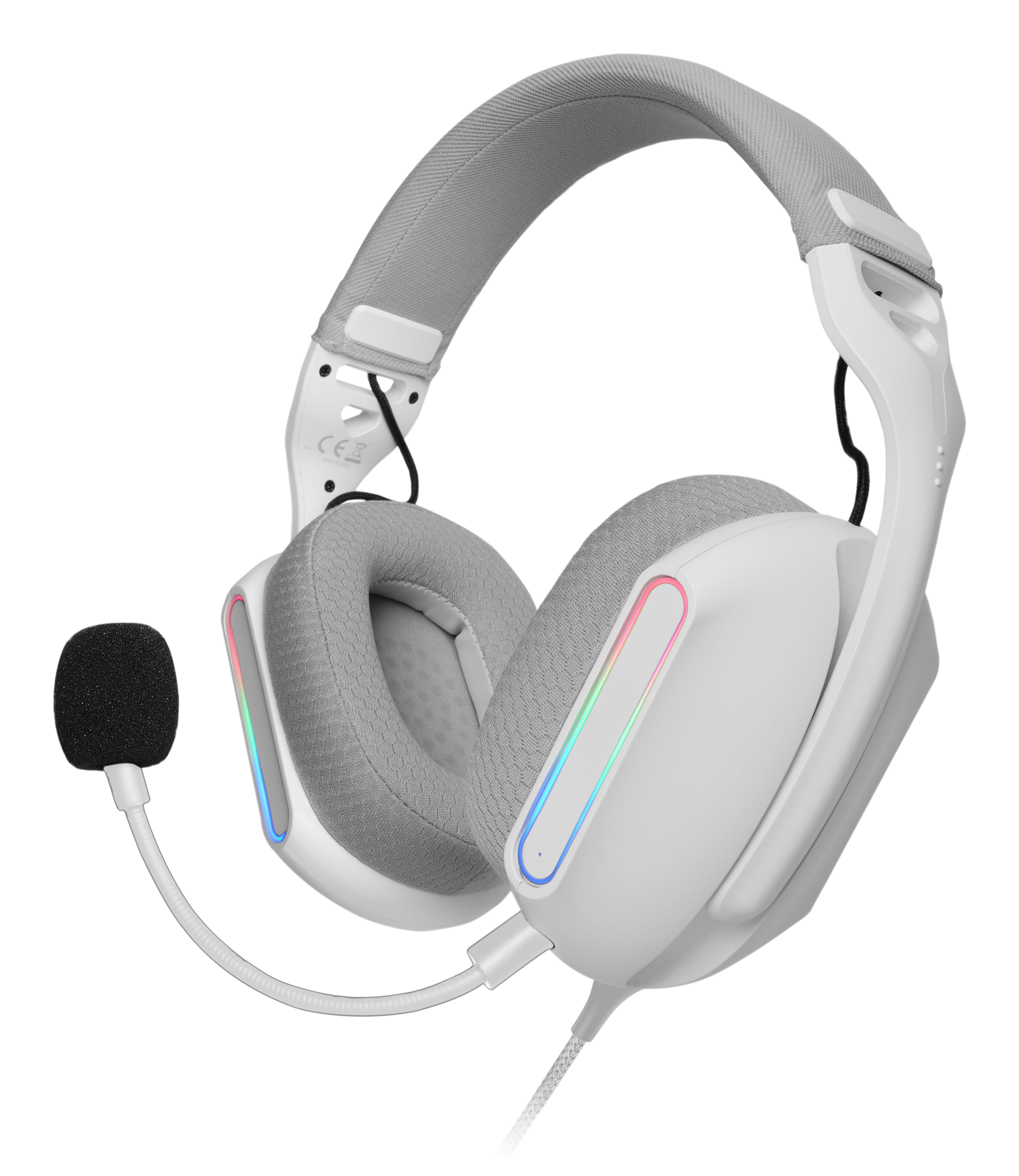 Cuffie da gaming bianche con archetto e padiglioni imbottiti grigi. Include microfono nero e luci RGB.