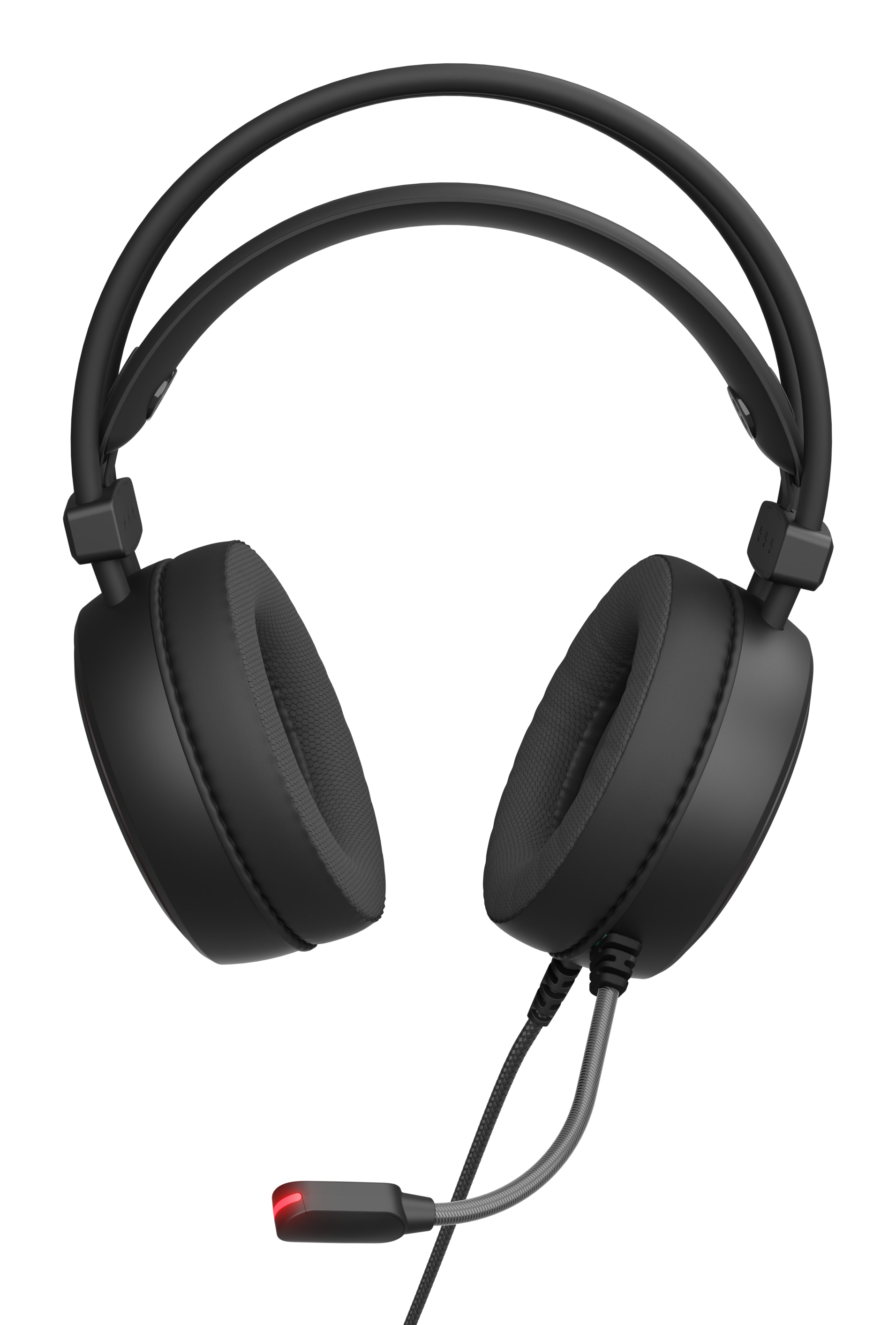 Cuffie da gioco nere con microfono. Ha una fascia e padiglioni auricolari curvi. Lo sfondo è bianco.