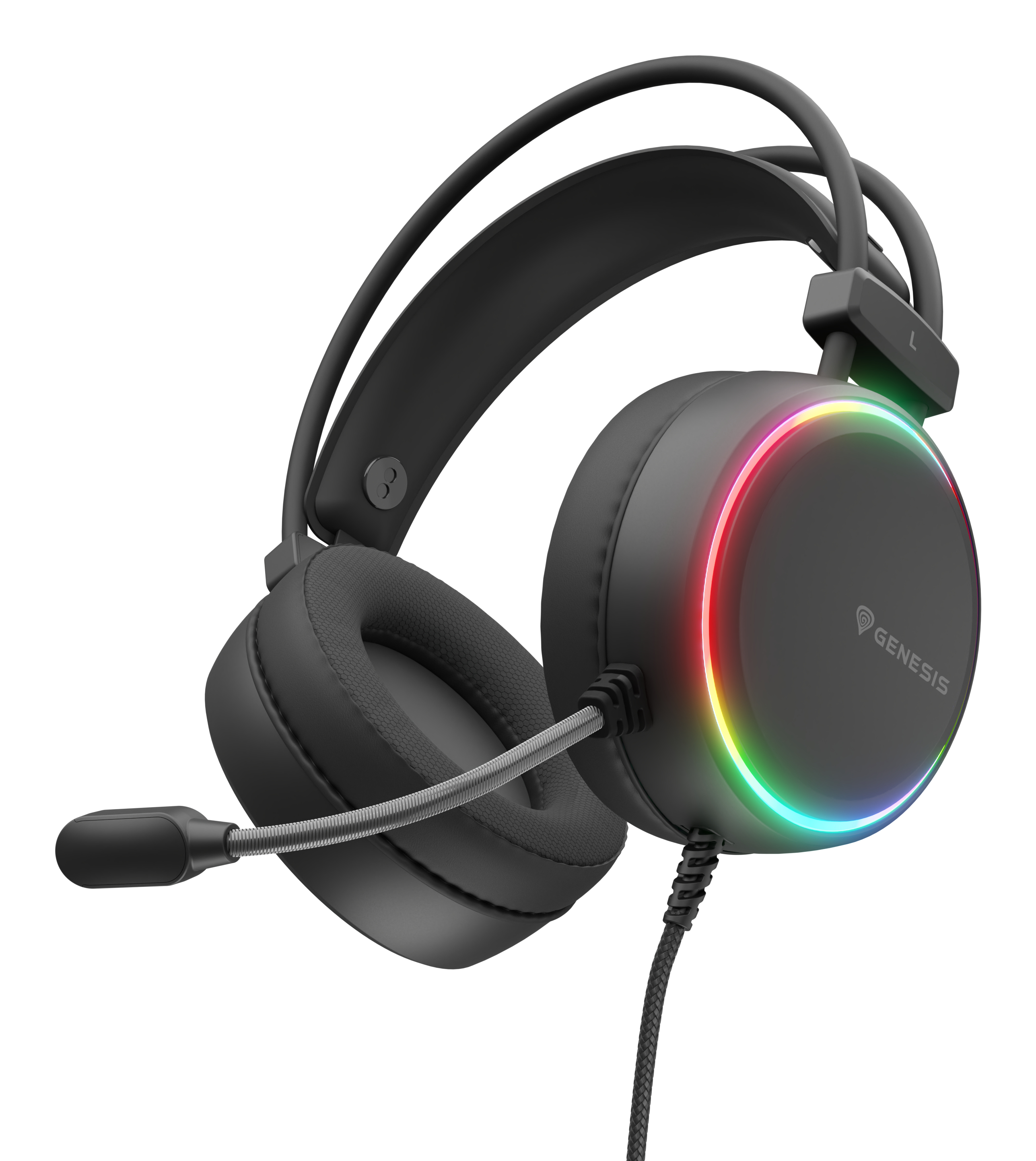 Cuffie da gioco nere con illuminazione RGB, microfono e cavo intrecciato su sfondo bianco.