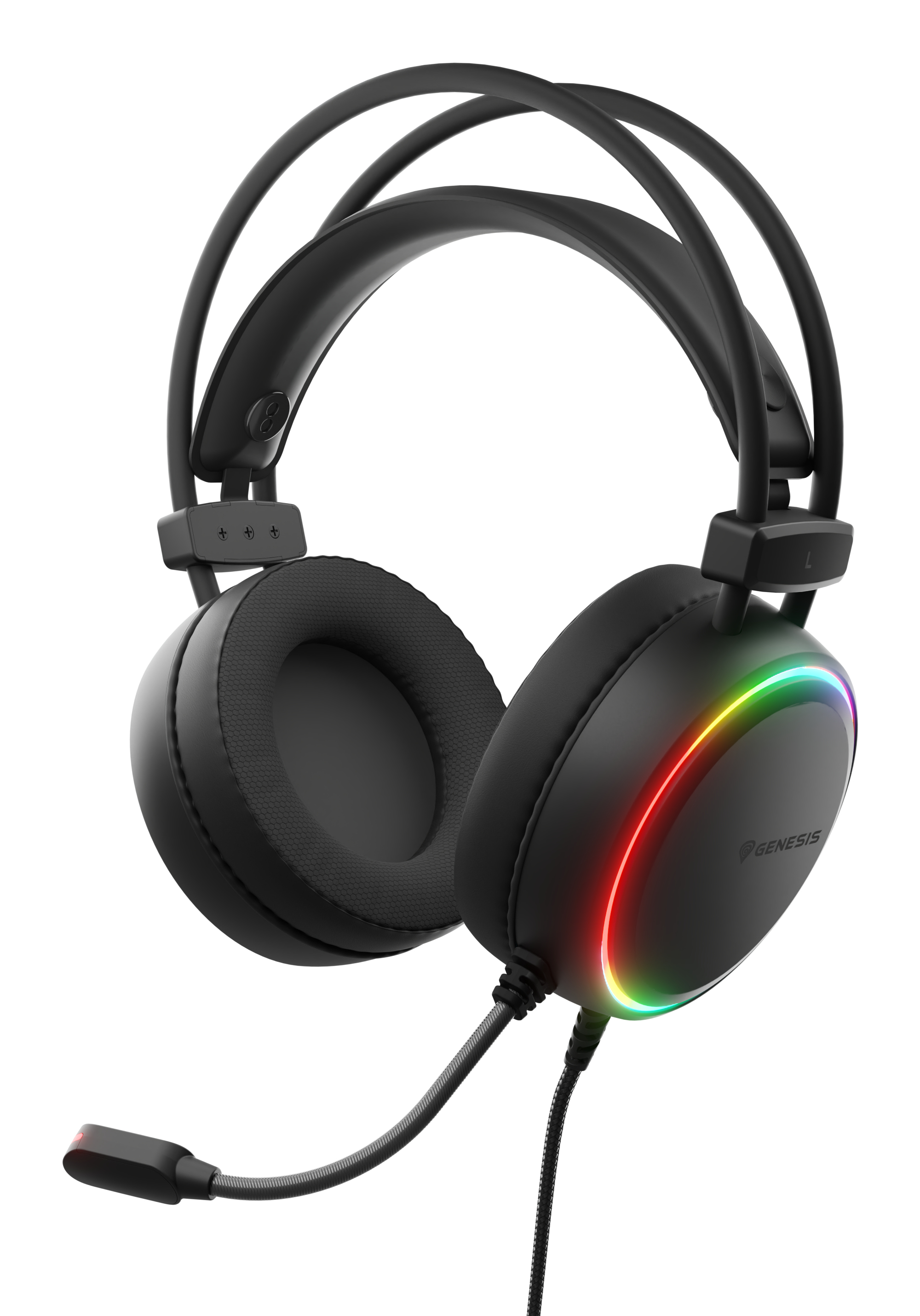 Cuffie da gaming nere con LED arcobaleno. Con padiglioni, microfono e fascia imbottita, su sfondo bianco.