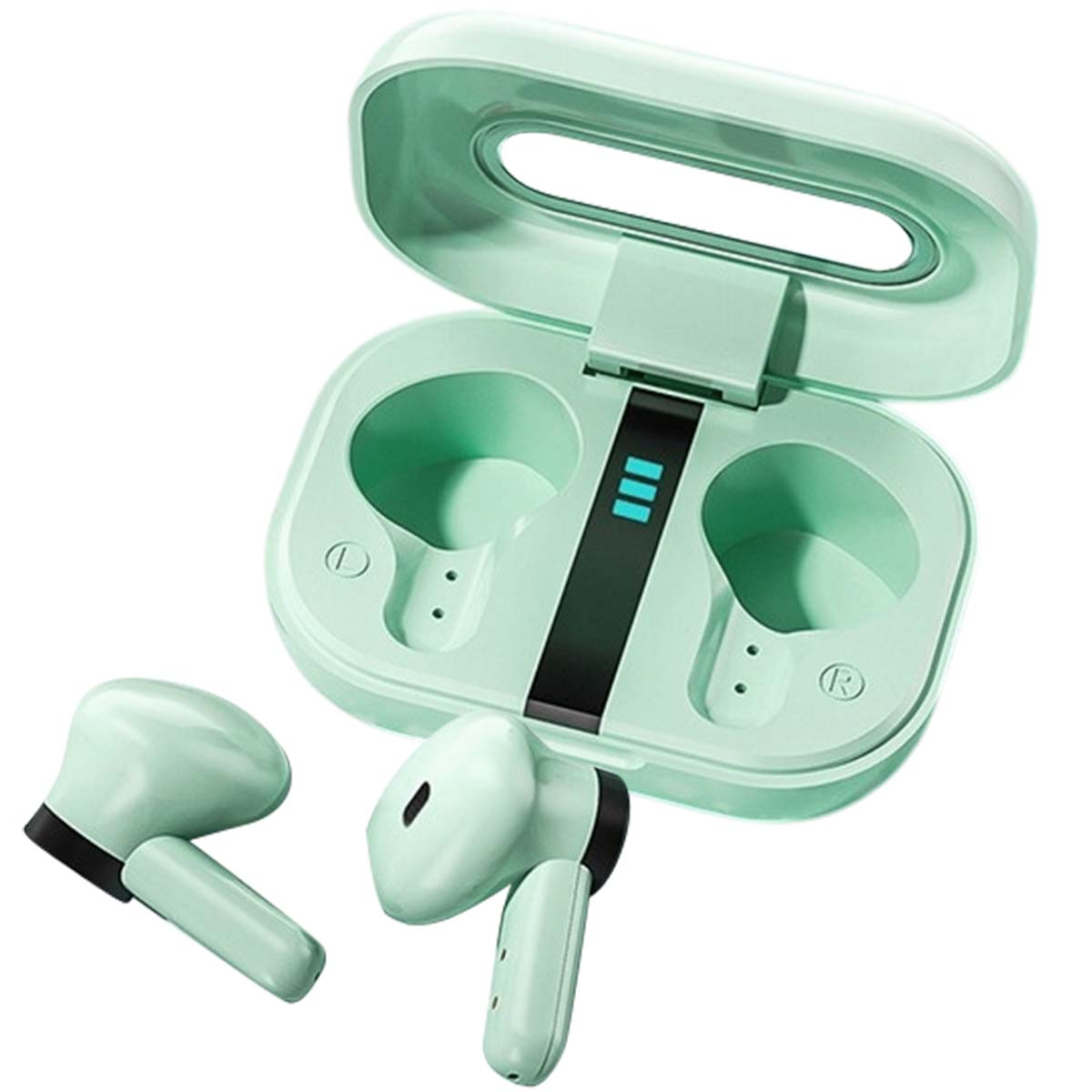 Auricolari wireless verde menta con custodia di ricarica. Custodia aperta, due auricolari fuori, uno dentro. Dettagli neri sugli auricolari.