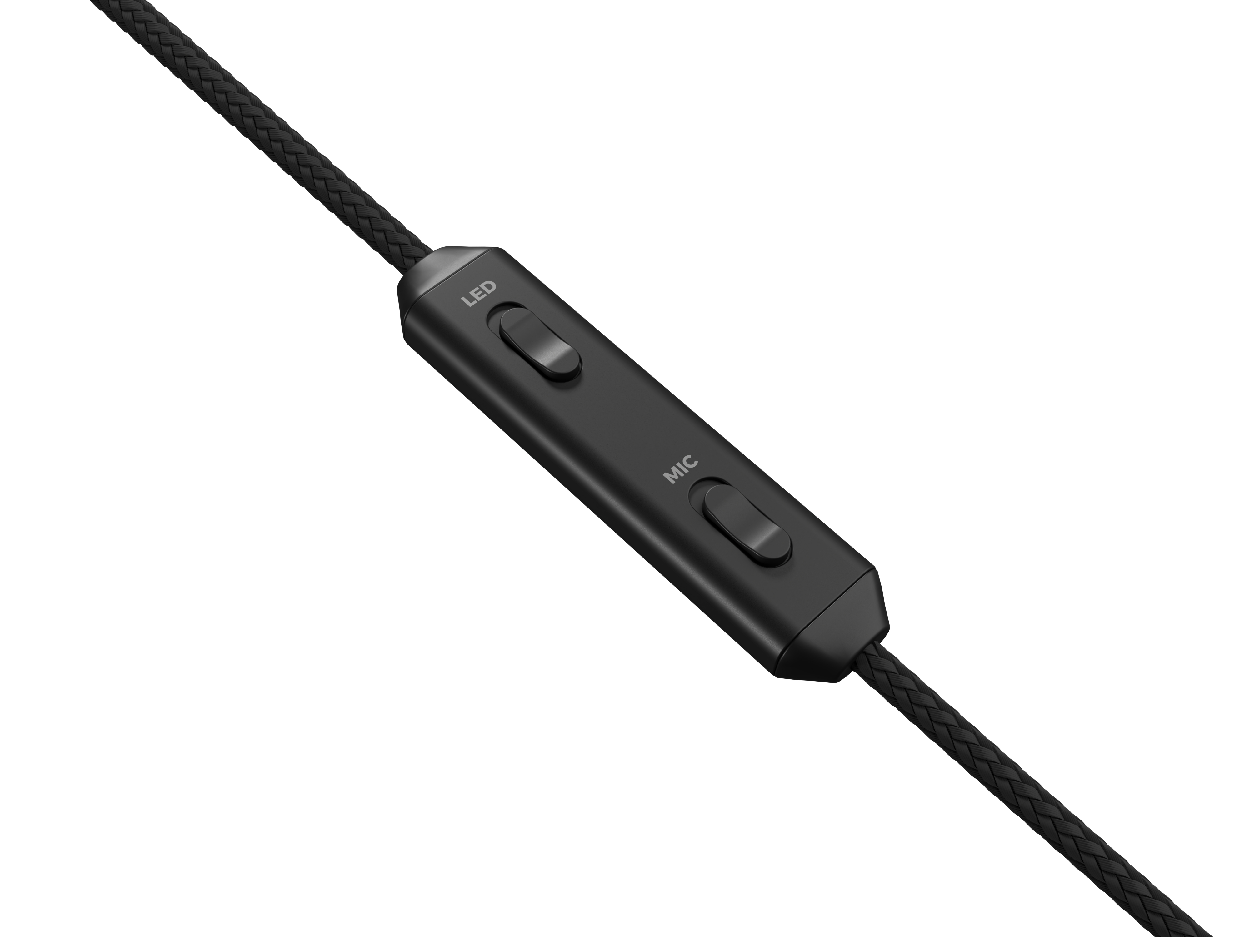 Cavo per cuffie nero con modulo di controllo. Il modulo ha pulsanti LED e MIC.