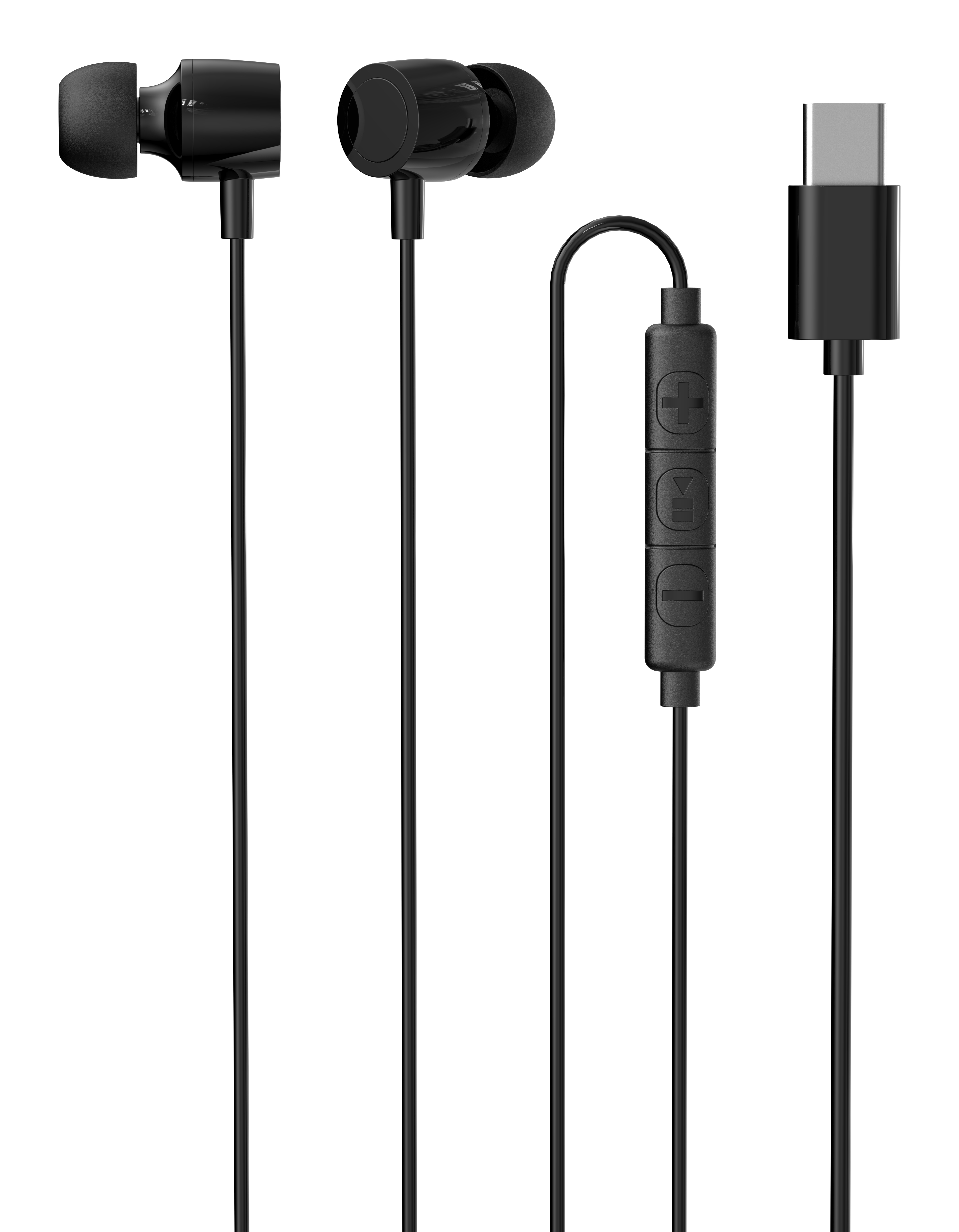 Auricolari neri con connettore USB-C. Gli auricolari hanno un pannello di controllo con tre pulsanti.