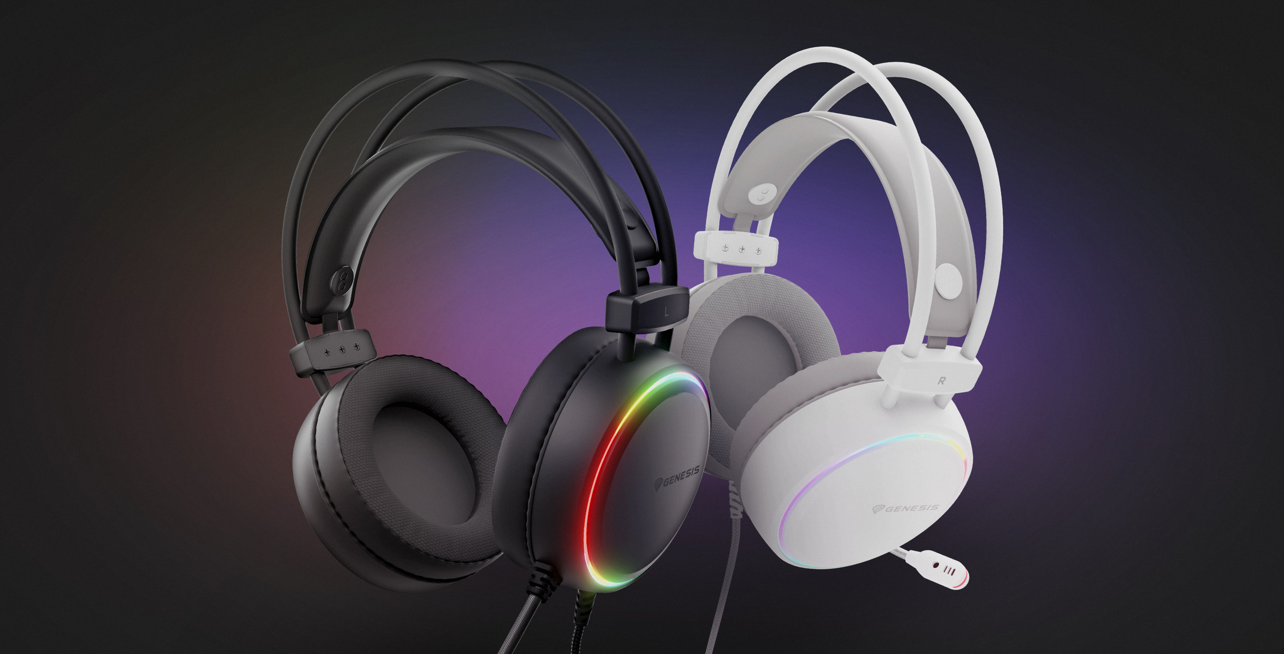 Zwei Gaming-Headsets, eines schwarz, eines weiß, mit bunten Lichtern. Beide haben ein Mikrofon und die Marke Genesis ist sichtbar.