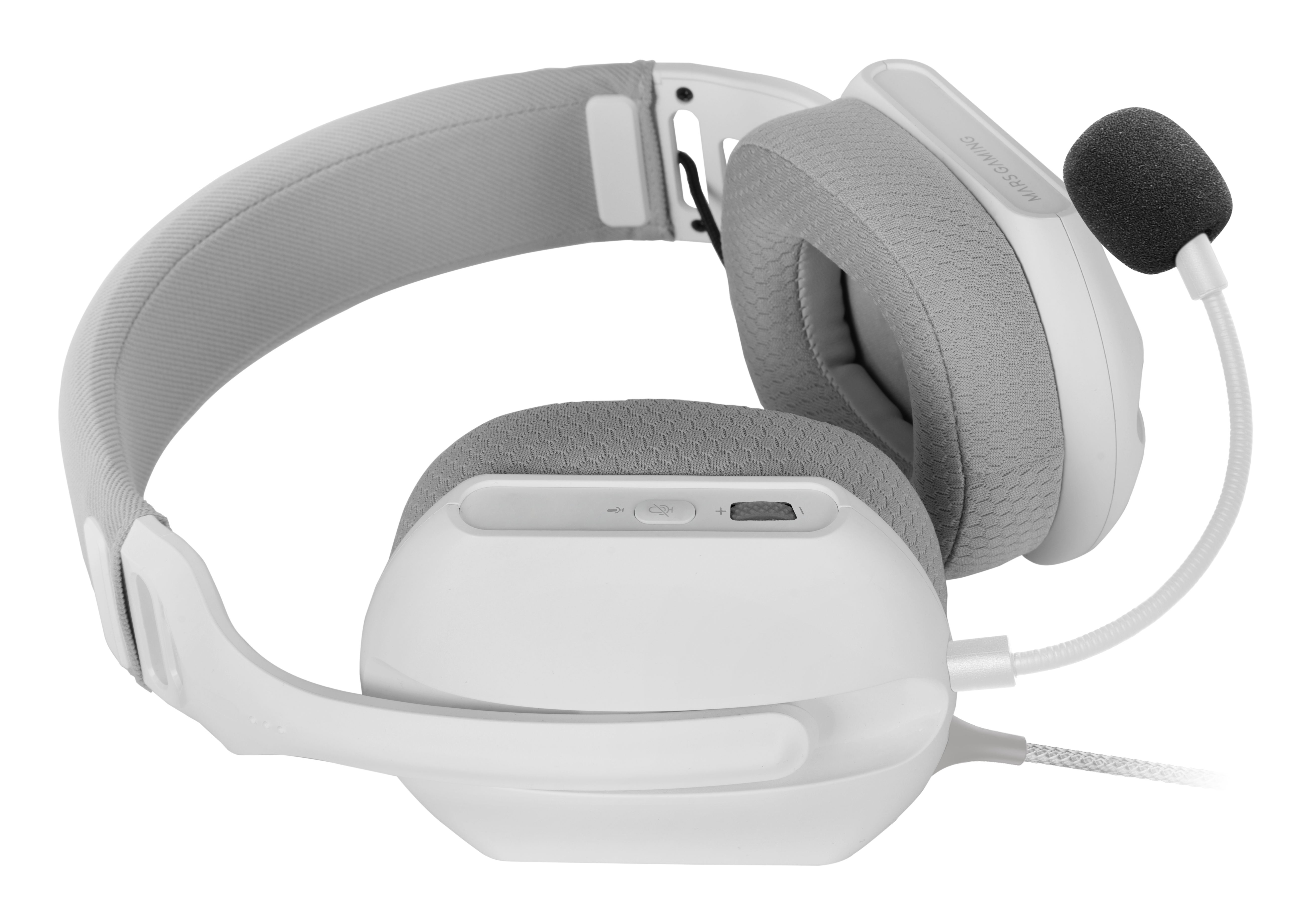 Cuffie da gioco bianche e grigie con microfono. L'auricolare ha archetto e padiglioni imbottiti.