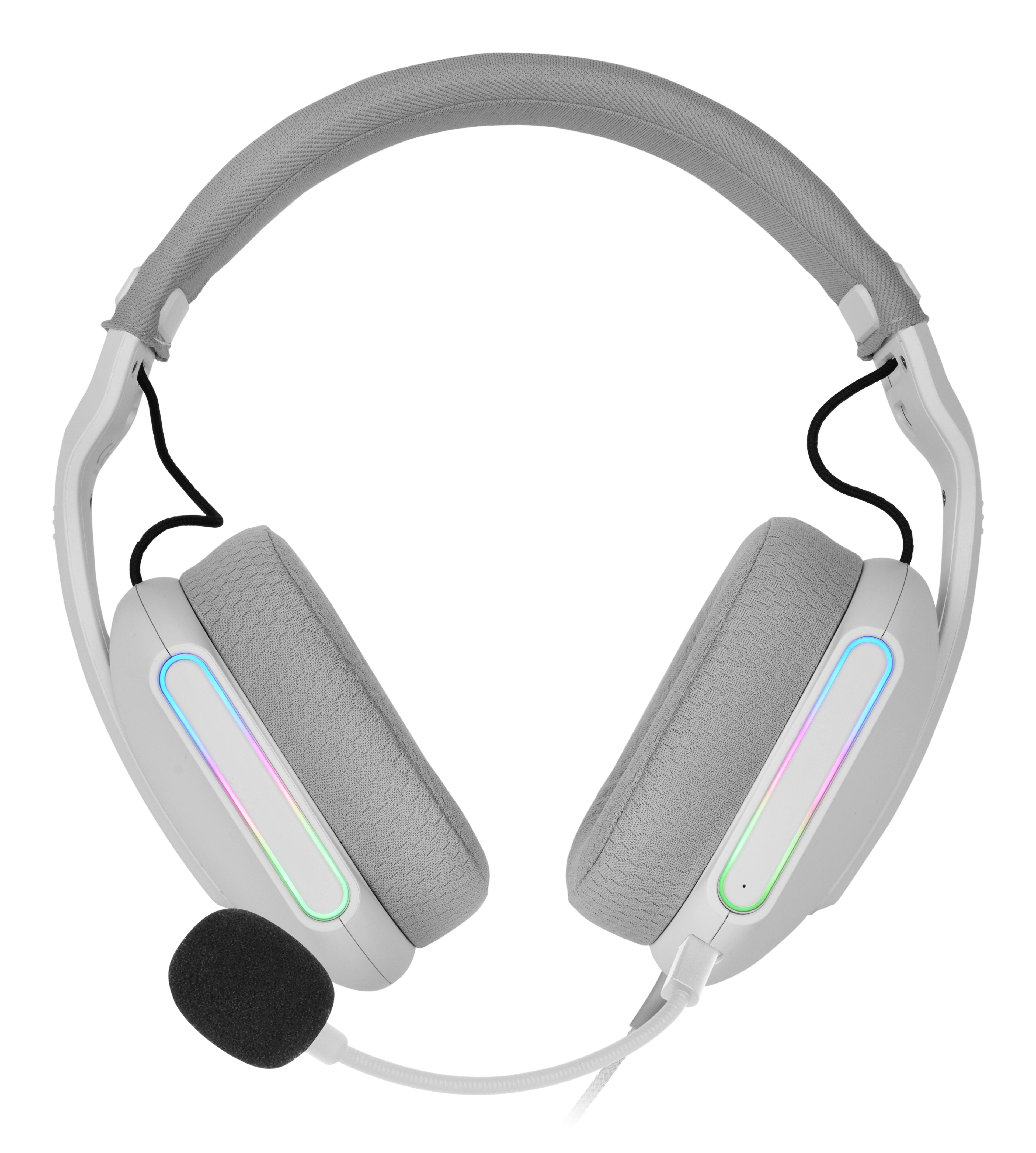 Cuffie da gioco bianche con padiglioni e fascia grigi. Ha un microfono nero e una luce arcobaleno.