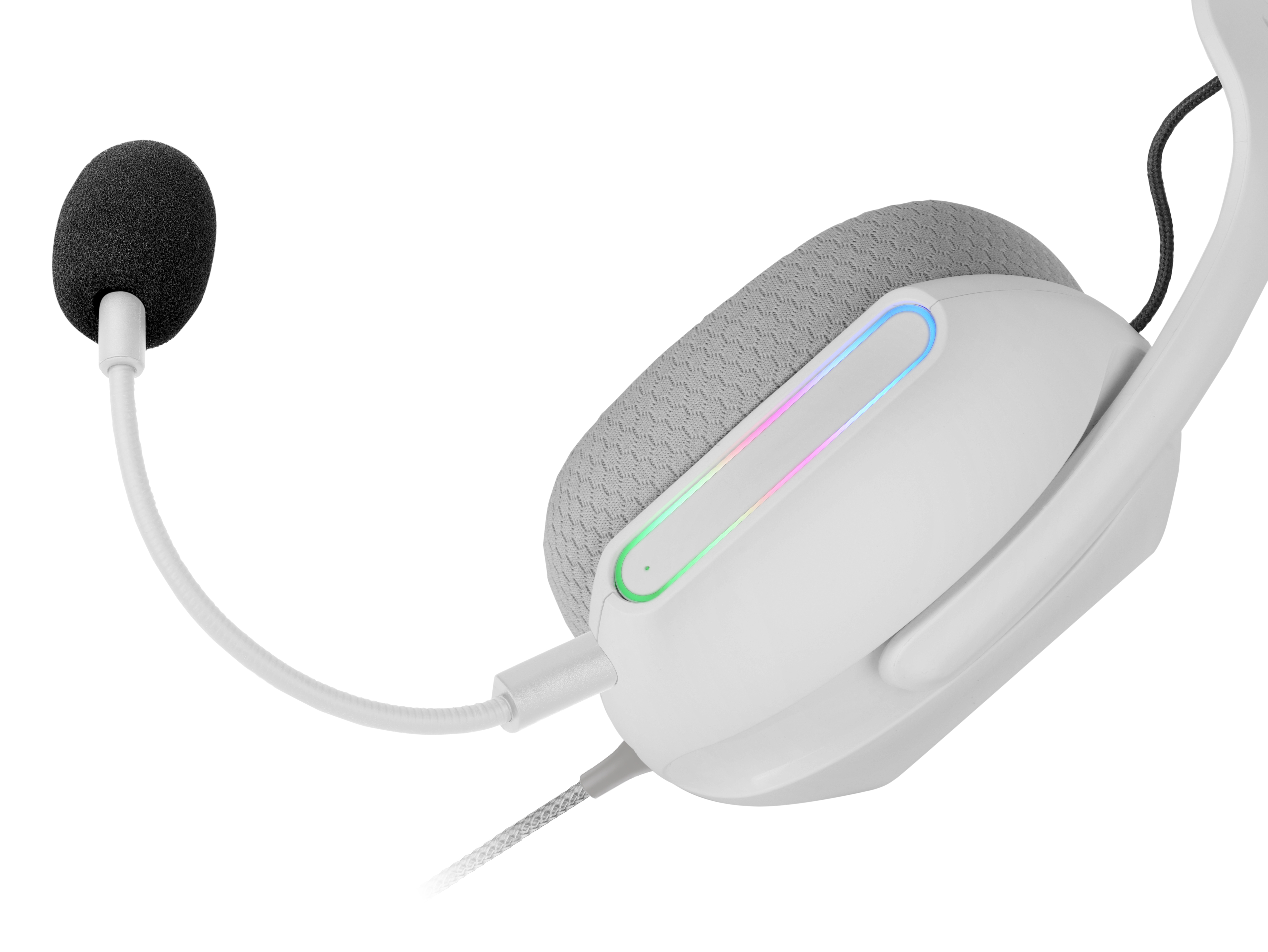 Cuffie da gioco bianche con microfono. Le cuffie hanno un cuscinetto grigio e una striscia LED luminosa.