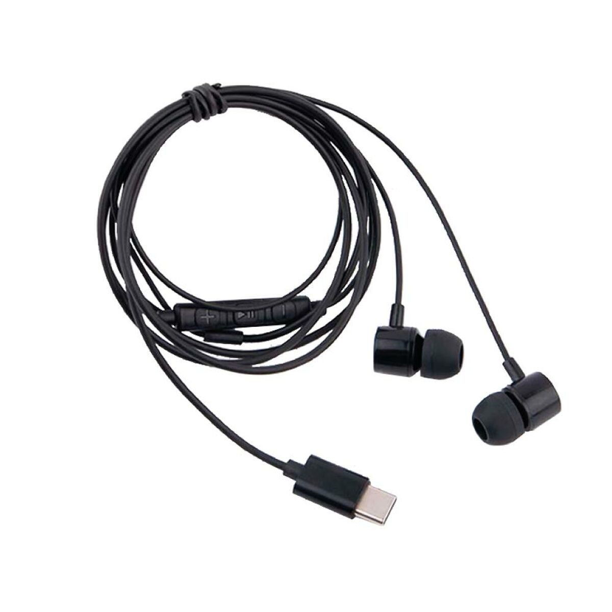 Auricolari cablati neri con connettore USB-C. Auricolari, pulsante di controllo e cavo sono neri. Sfondo bianco.