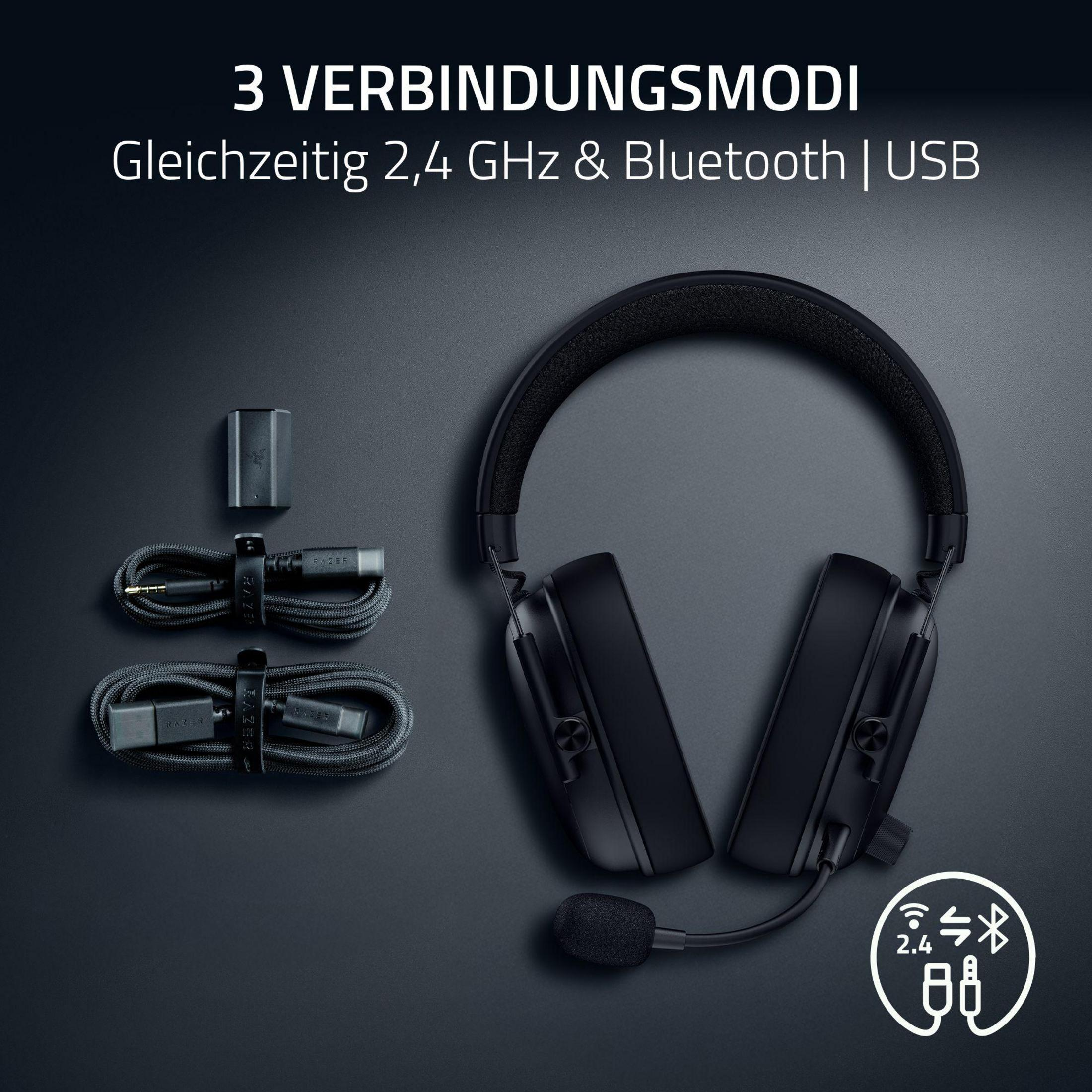 Czarne słuchawki dla graczy Razer z mikrofonem, kablami i adapterem. Obsługuje 2,4 GHz, Bluetooth i USB.
