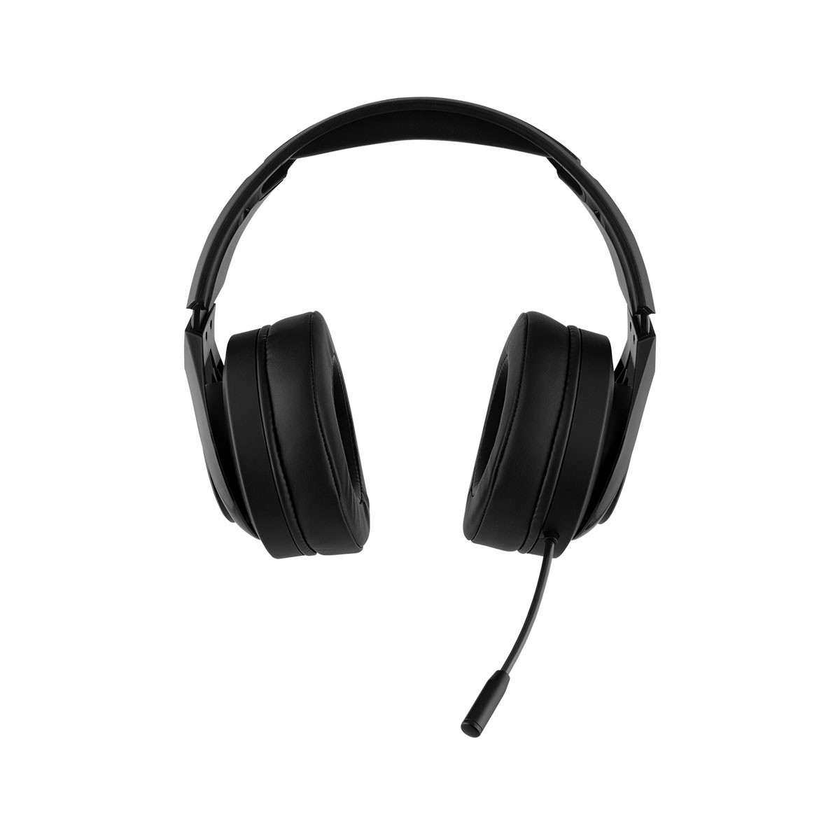 Cuffie over-ear nere con microfono su sfondo bianco. I padiglioni sono grandi e imbottiti. L'archetto è curvo.
