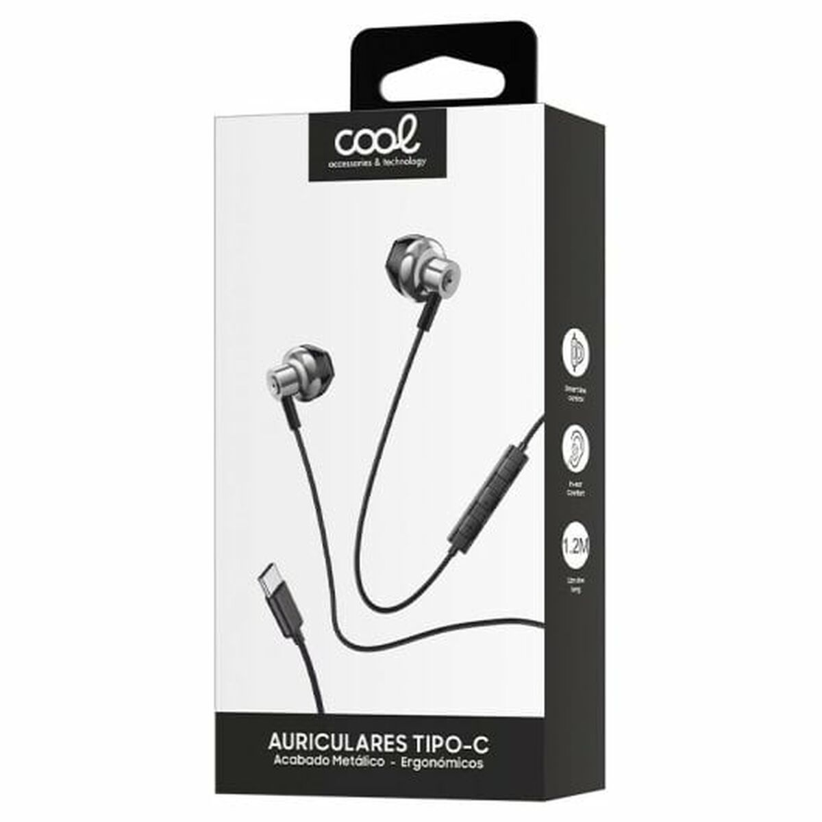 Kopfhörer in einer weißen Schachtel mit dem Logo 'cool'. Text: 'AURICULARES TIPO-C'. Kopfhörer sind silber und schwarz.