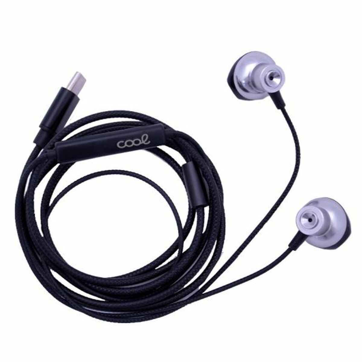 Schwarze kabelgebundene Ohrhörer mit silbernen Ohrhörern. Das Kabel hat einen USB-C-Anschluss und ein Steuermodul mit dem Wort 'cool'.