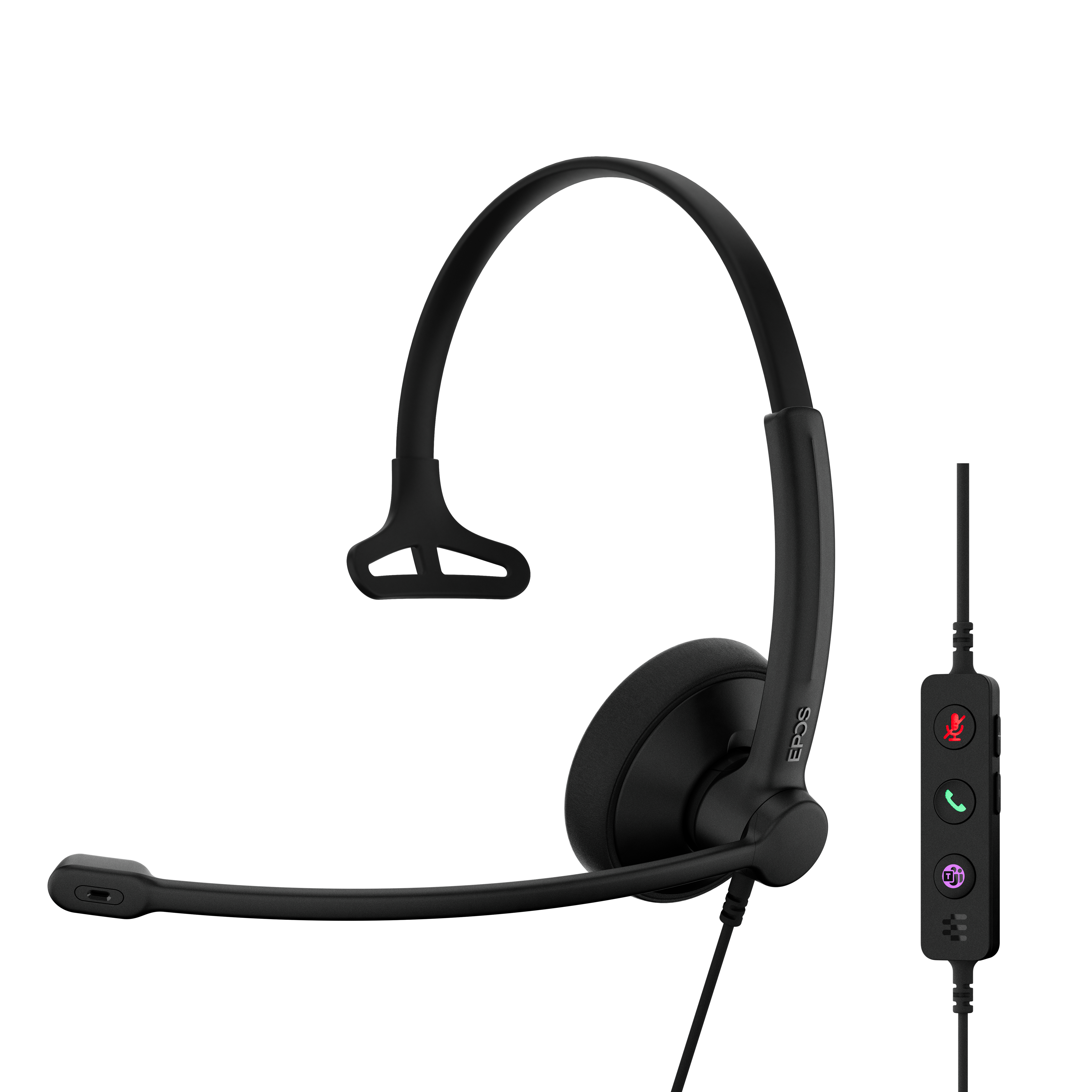 Un auricolare EPOS nero su sfondo bianco. Ha un microfono, un padiglione auricolare e un controller con pulsanti.