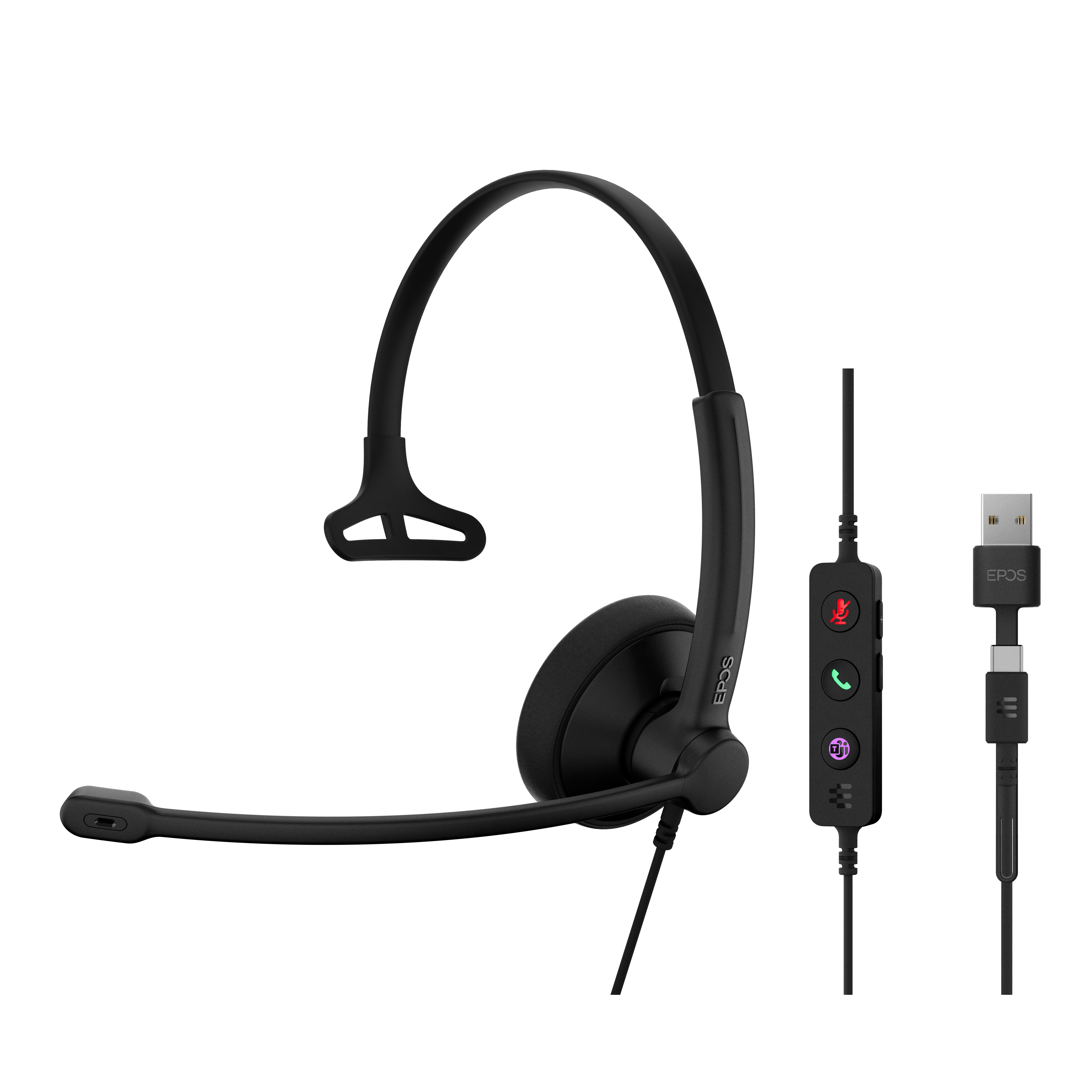 Cuffie EPOS nere con connettore USB. Include microfono, pulsanti di controllo e padiglione imbottito. Sfondo bianco.