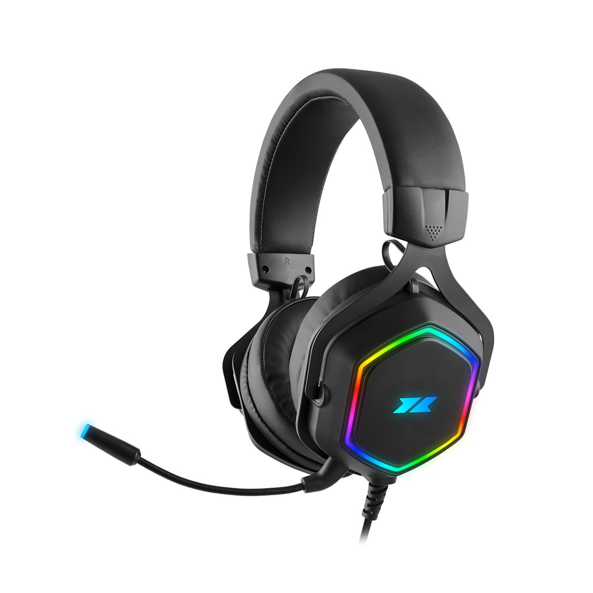 Cuffie da gaming nere con luce arcobaleno sul padiglione, microfono flessibile e fascia imbottita.