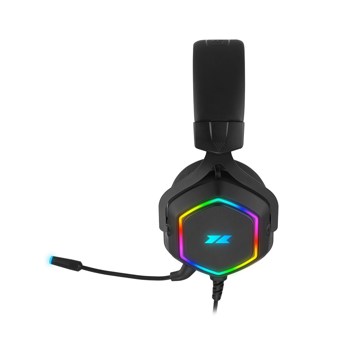 Cuffie da gioco nere con microfono. I padiglioni hanno una luce colorata. Lo sfondo è bianco.