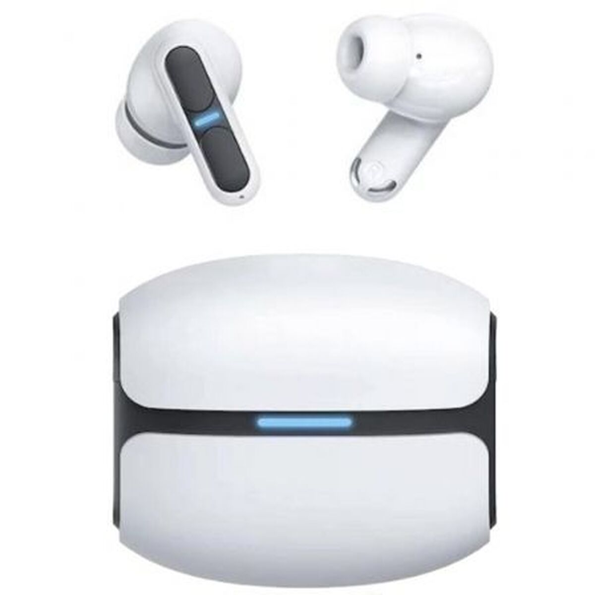 Auricolari wireless bianchi e custodia di ricarica. Gli auricolari sono staccati. La custodia ha una striscia nera con una luce blu.