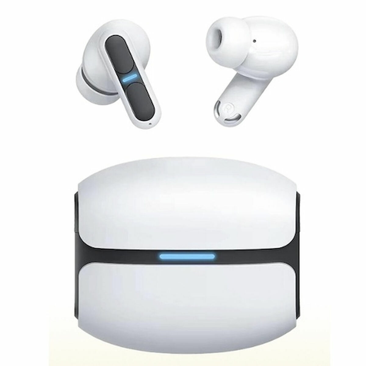 Auricolari wireless bianchi e custodia di ricarica. Gli auricolari hanno dettagli neri e una luce blu. La custodia presenta anche una luce blu.