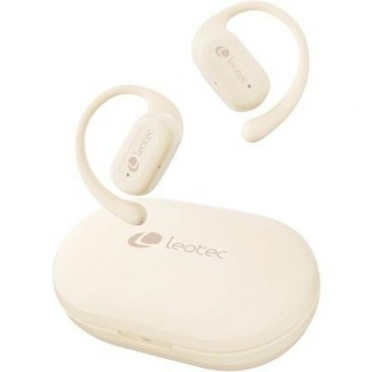 Auricolari Leotec bianco sporco con custodia di ricarica. Un auricolare è staccato. La custodia e gli auricolari hanno il logo Leotec.