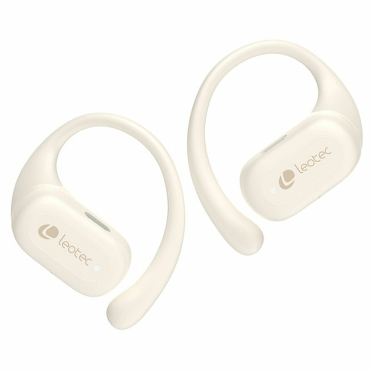 Due auricolari wireless Leotec bianco sporco. Ognuno ha un gancio per l'orecchio e un piccolo corpo rettangolare arrotondato.