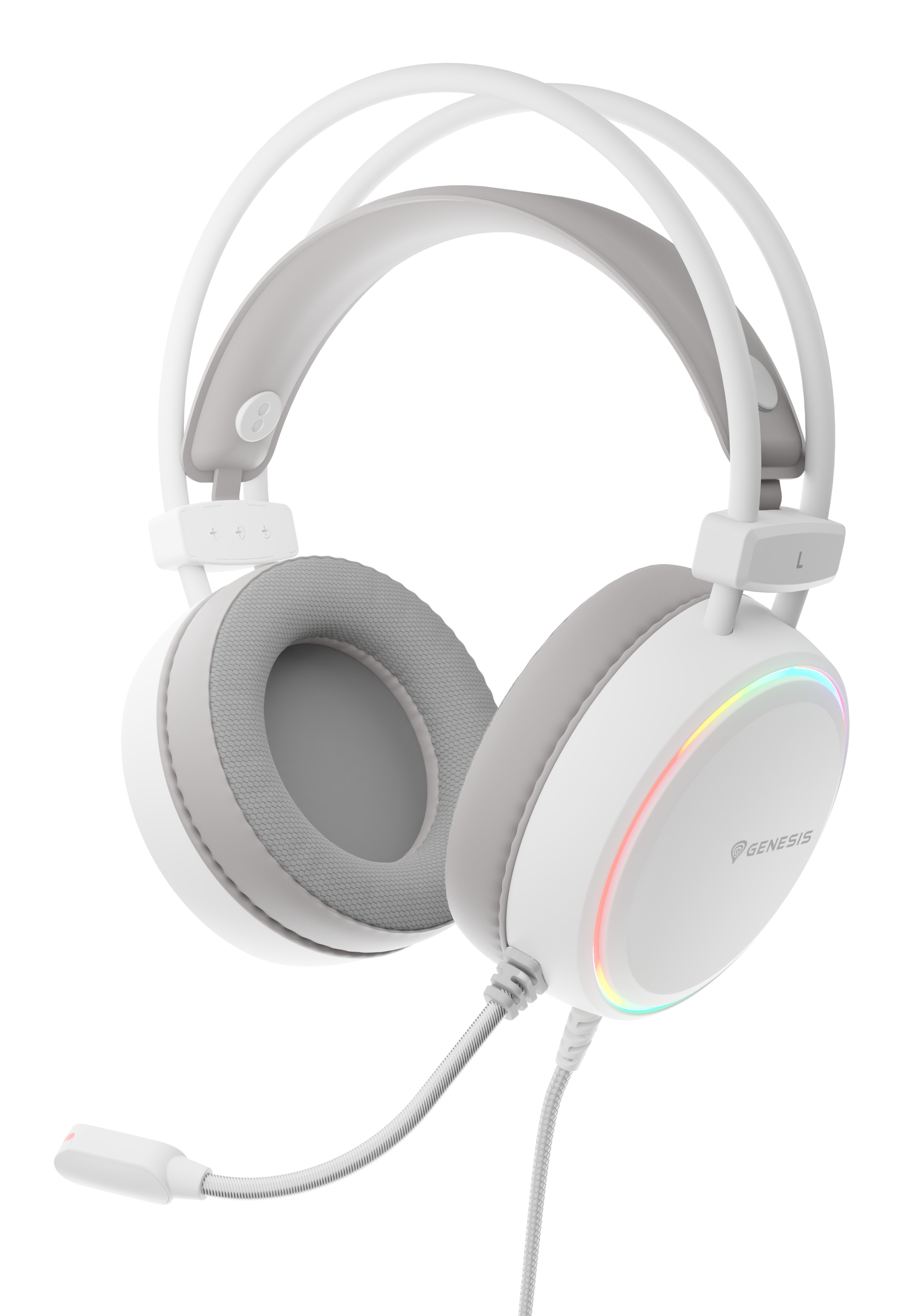 Weiß-graues Gaming-Headset mit Mikrofon. Die Ohrmuscheln haben RGB-Lichter. Die Marke ist Genesis.