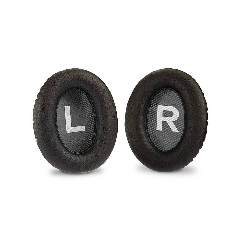 Due padiglioni neri per cuffie, uno con 'L' e l'altro con 'R' in bianco. Sono su sfondo bianco.