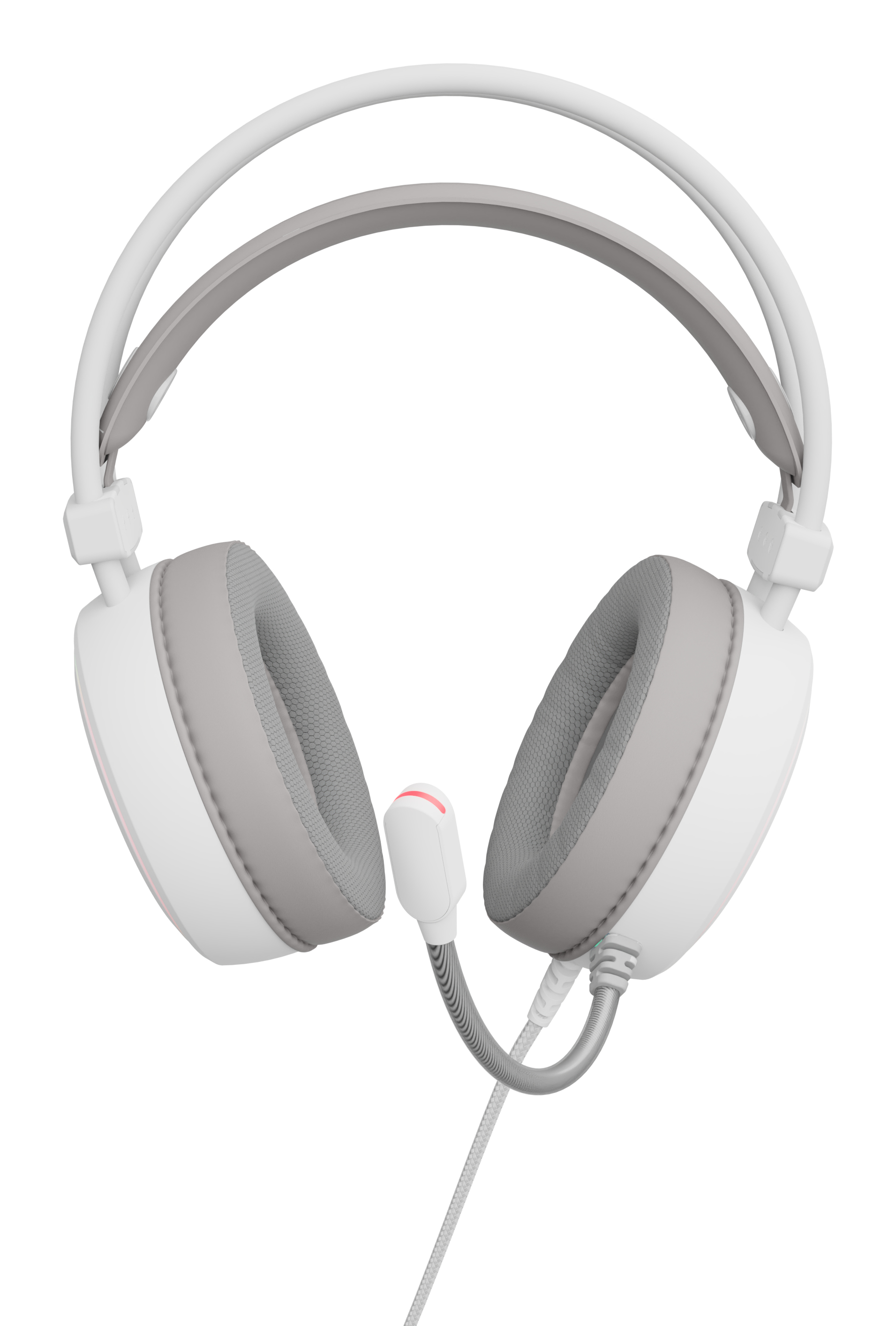 Weiß-graues Headset mit Mikrofon, isoliert auf weißem Hintergrund. Das Headset hat ein Kabel.