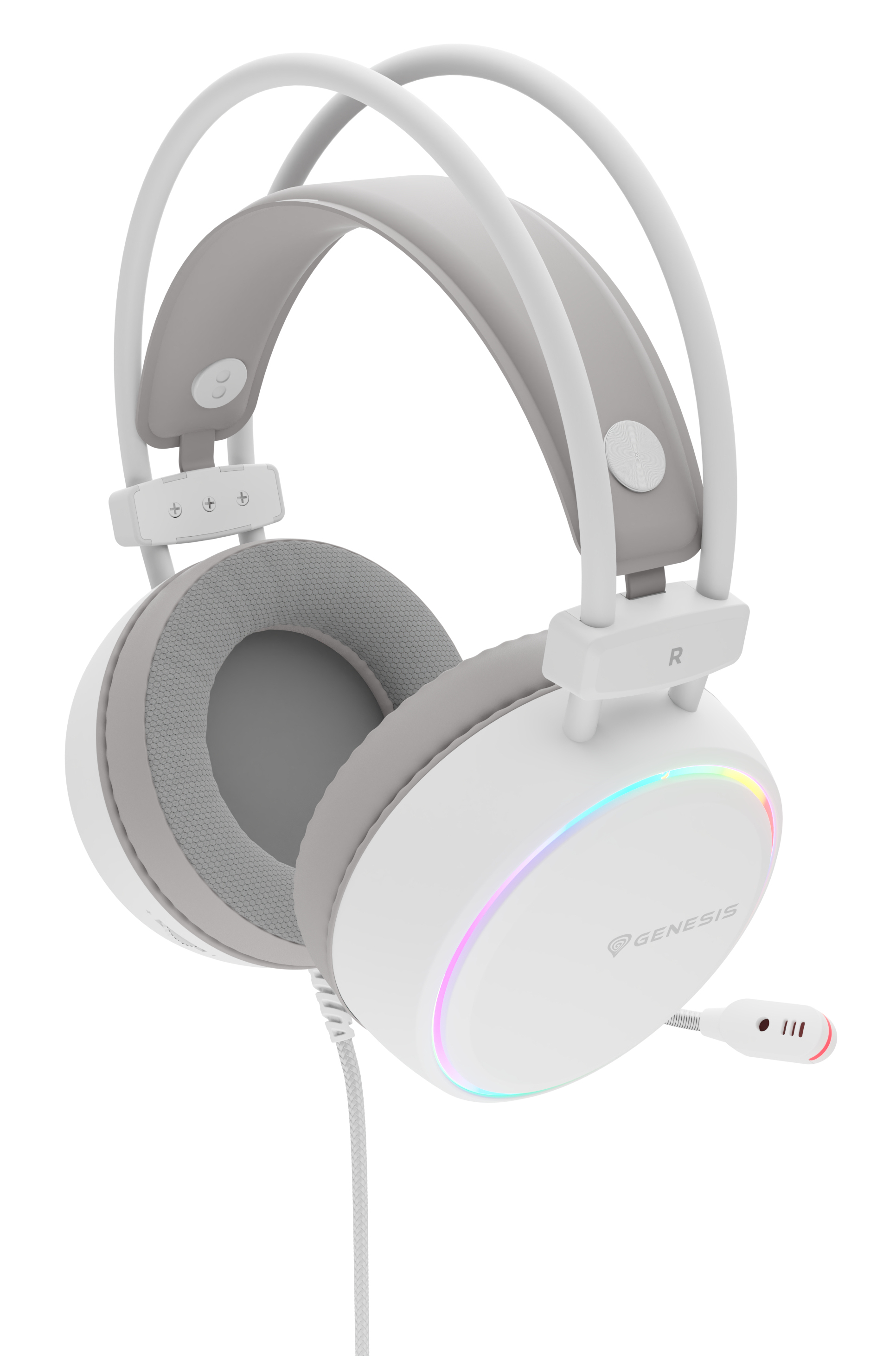 Weißes und graues Gaming-Headset mit Mikrofon. Die Ohrmuscheln haben einen Regenbogen-LED-Rand, das Genesis-Logo ist sichtbar.