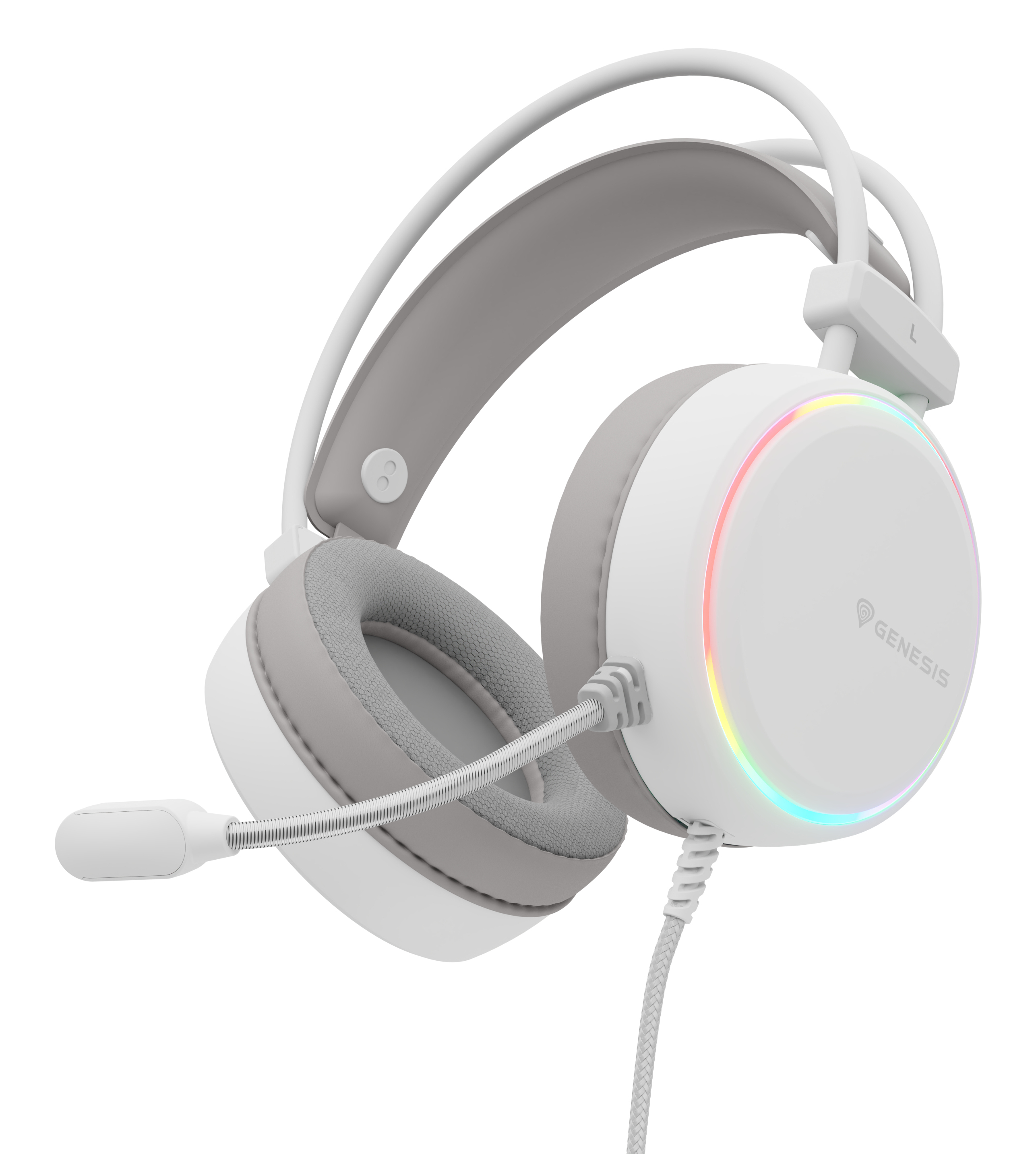 Weißes und graues Gaming-Headset mit Mikrofon. Verfügt über Regenbogen-LED-Leuchten und das Genesis-Logo. Isoliert auf weißem Hintergrund.