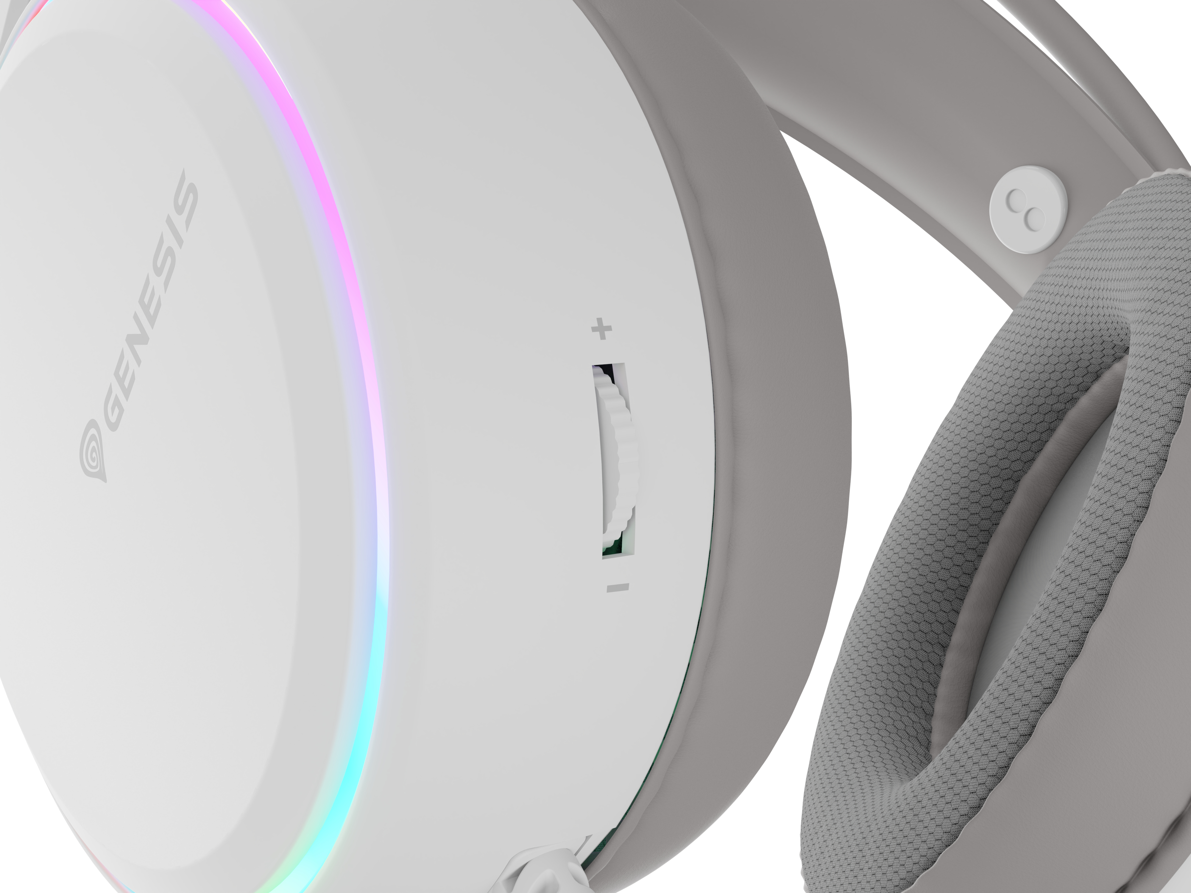 Nahaufnahme eines weißen und grauen Gaming-Headsets mit Lautstärkereglern. Das Genesis-Logo ist sichtbar.