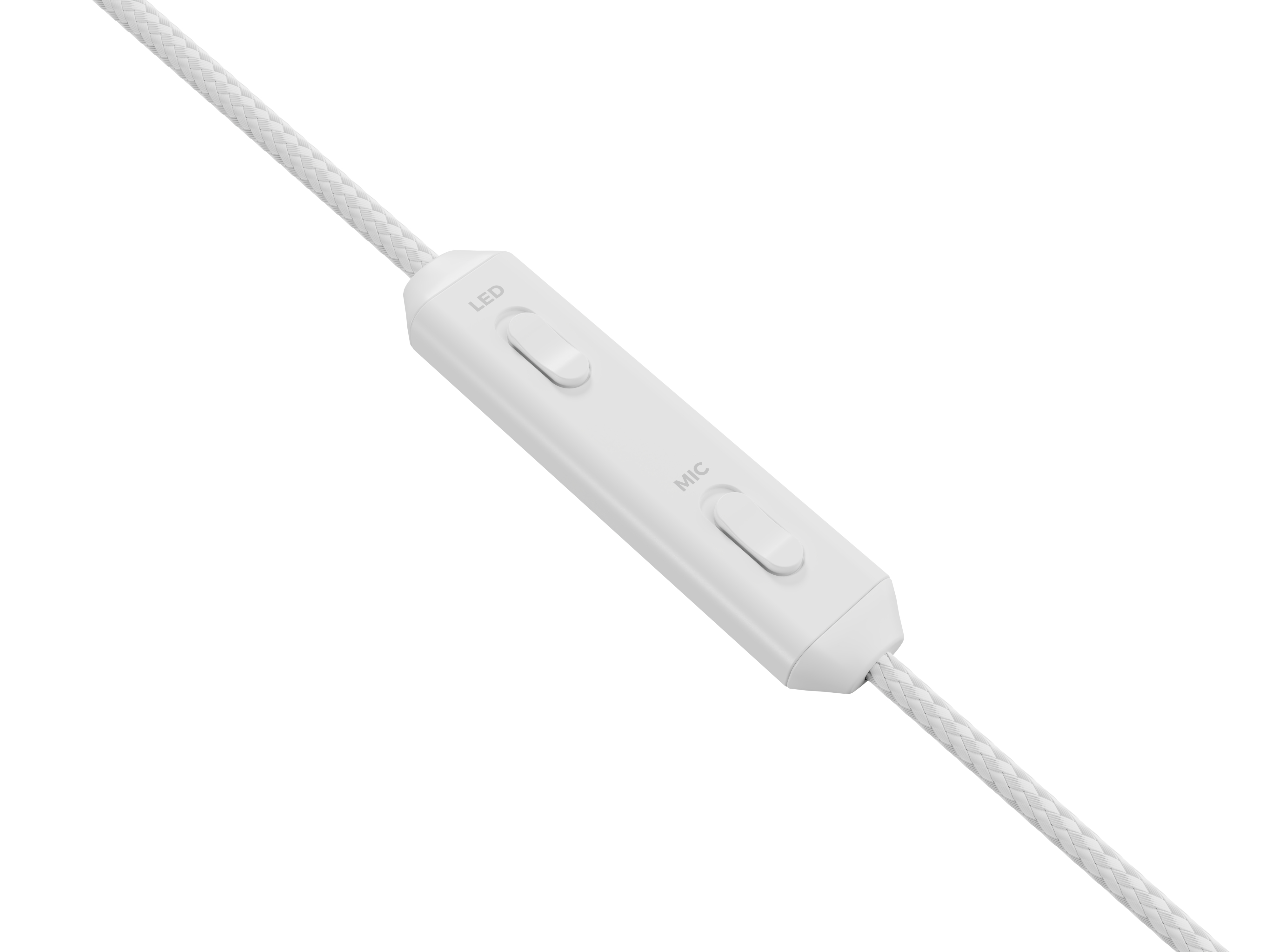 Eine weiße Headset-Steuerung mit LED- und MIC-Tasten. Weißes geflochtenes Kabel. Angesicht vor weißem Hintergrund.