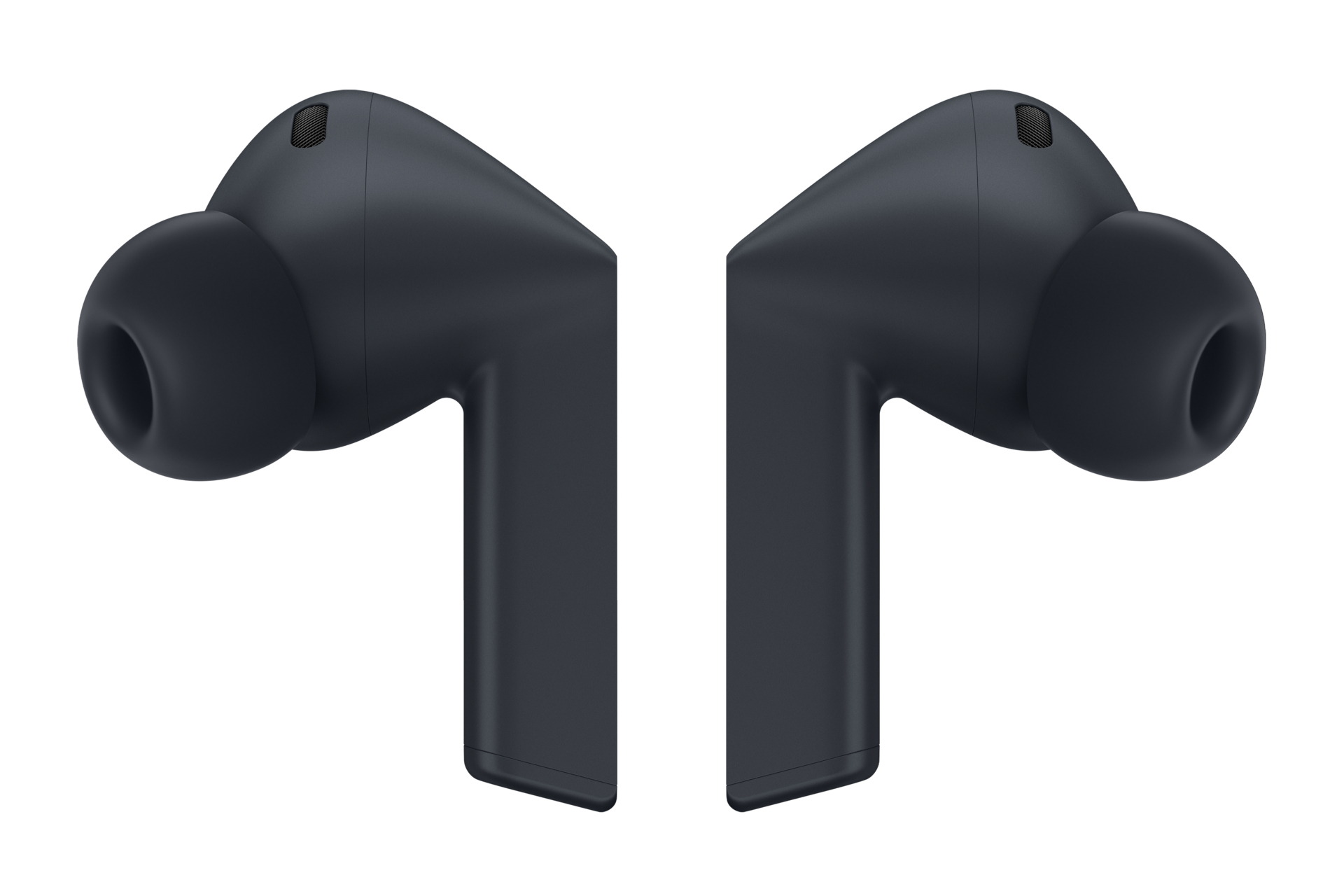 Pokazano dwie ciemnoszare bezprzewodowe słuchawki, skierowane do siebie. Każdy pączek ma zaokrągloną końcówkę i dłuższą nóżkę. Białe tło.