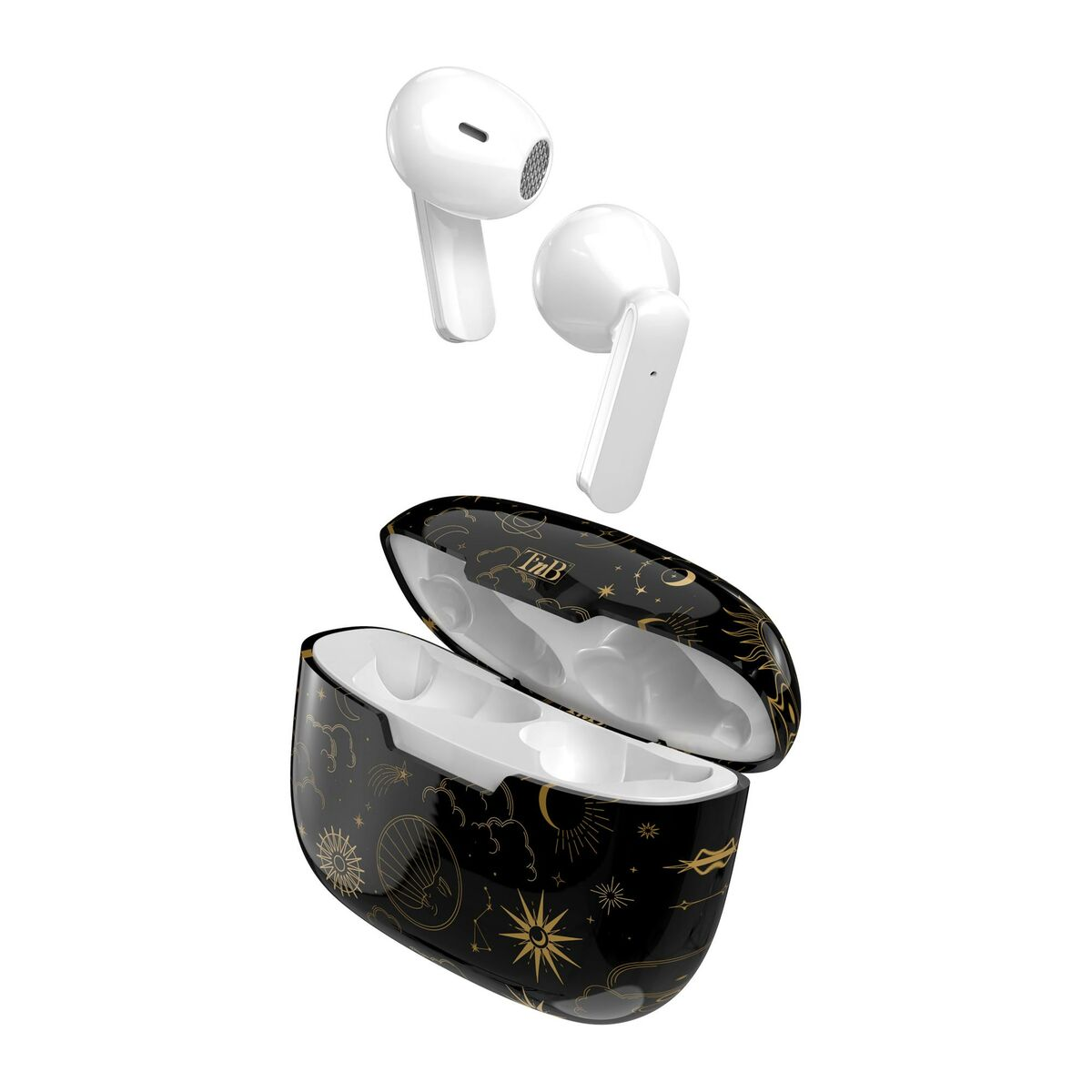 Auricolari bianchi sopra un astuccio aperto, nero e oro. L'astuccio ha un design celeste. Gli auricolari e l'astuccio sono su sfondo bianco.