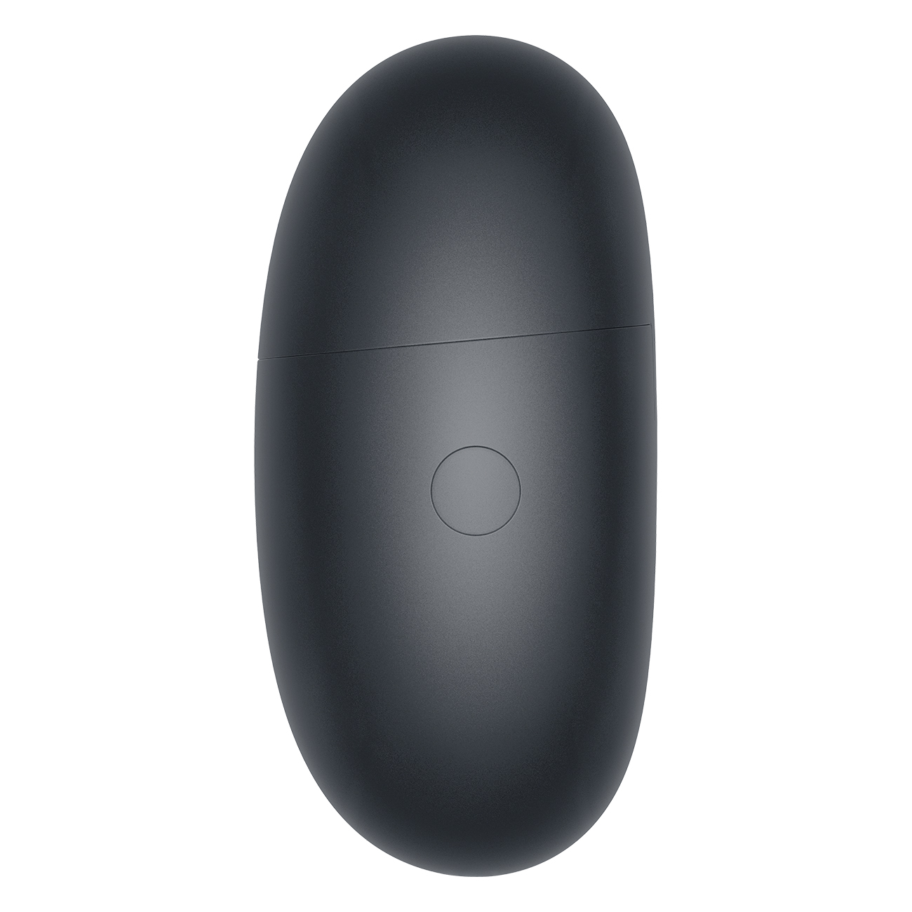 Een donkergrijs, ovaalvormig object met een cirkelvormige knop en een horizontale lijn op een witte achtergrond.