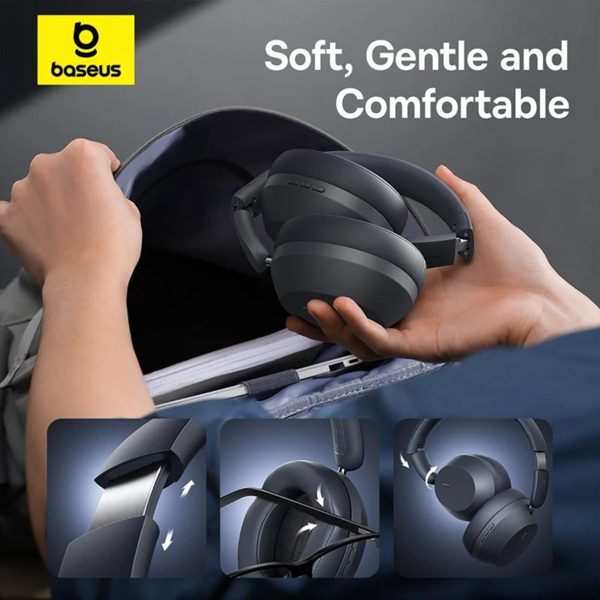 Osoba wyjmuje szare słuchawki Baseus z plecaka. Słuchawki trzymane są w dłoni. Tekst mówi: Miękki, delikatny i wygodny.