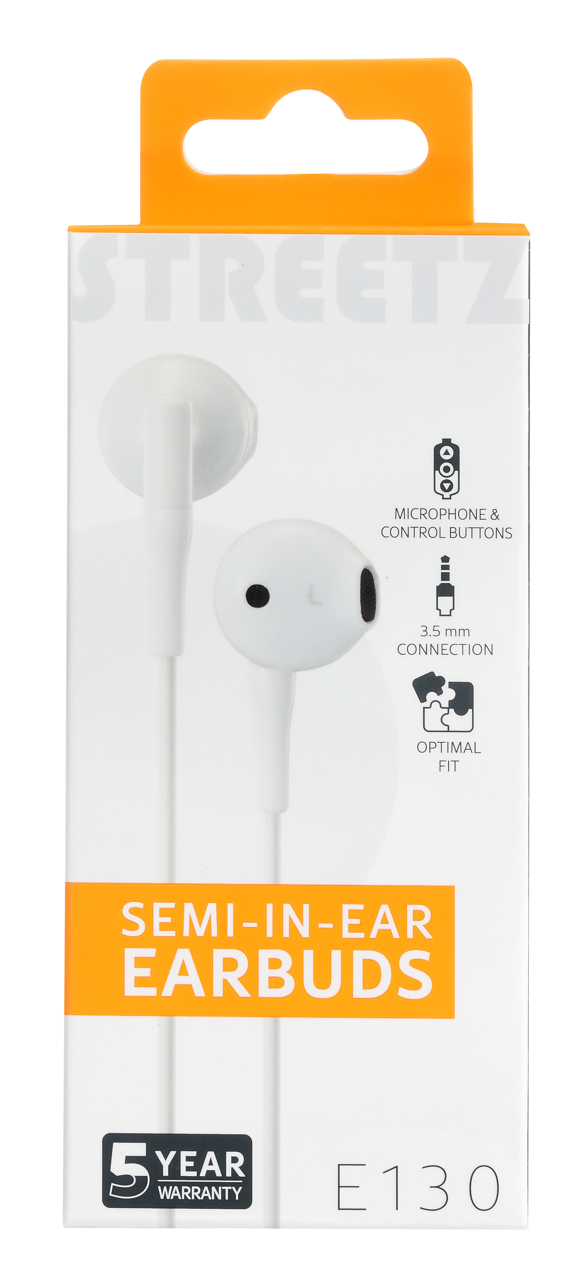 Auricolari bianchi in una scatola bianca e arancione. Il testo include 'Semi-in-ear Earbuds', '5 anni di garanzia' e 'E130'.