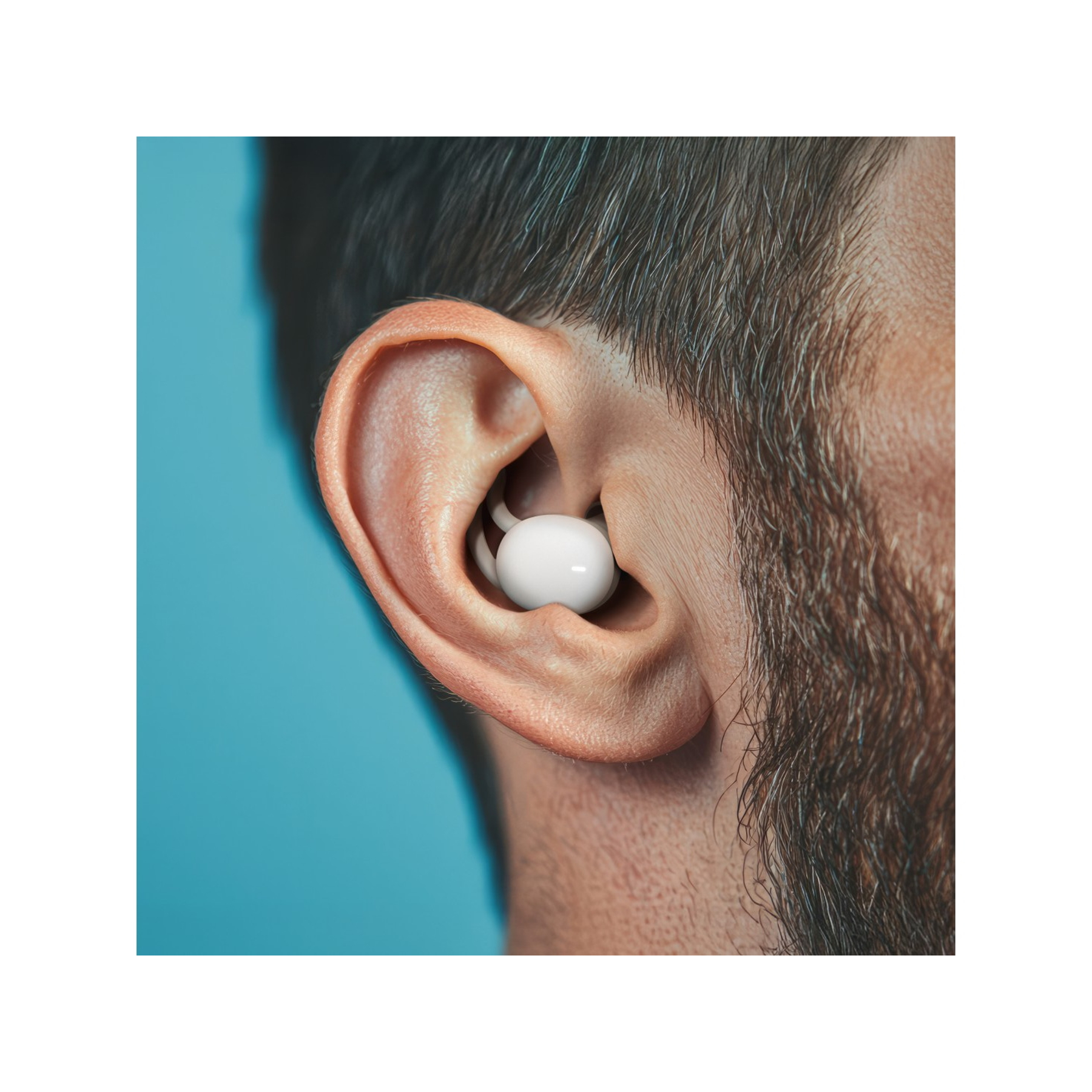 Zbliżenie ucha mężczyzny z włożonym białym wkładem dousznym. Tło jest jednolicie niebieskie.