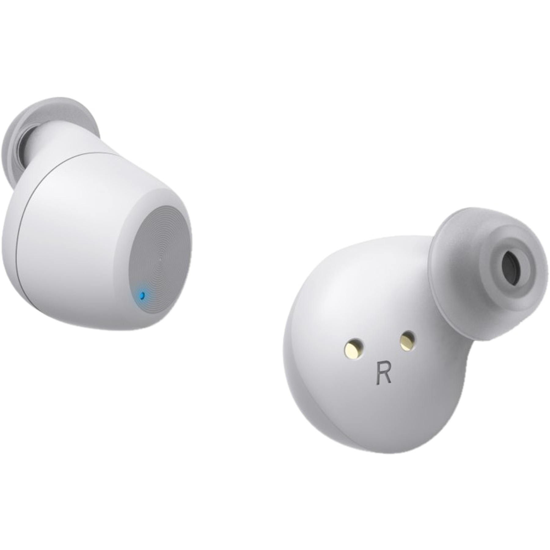 Dwa białe bezprzewodowe słuchawki. Jeden pokazuje niebieskie światło. Prawa słuchawka ma 'R' i dwa otwory.