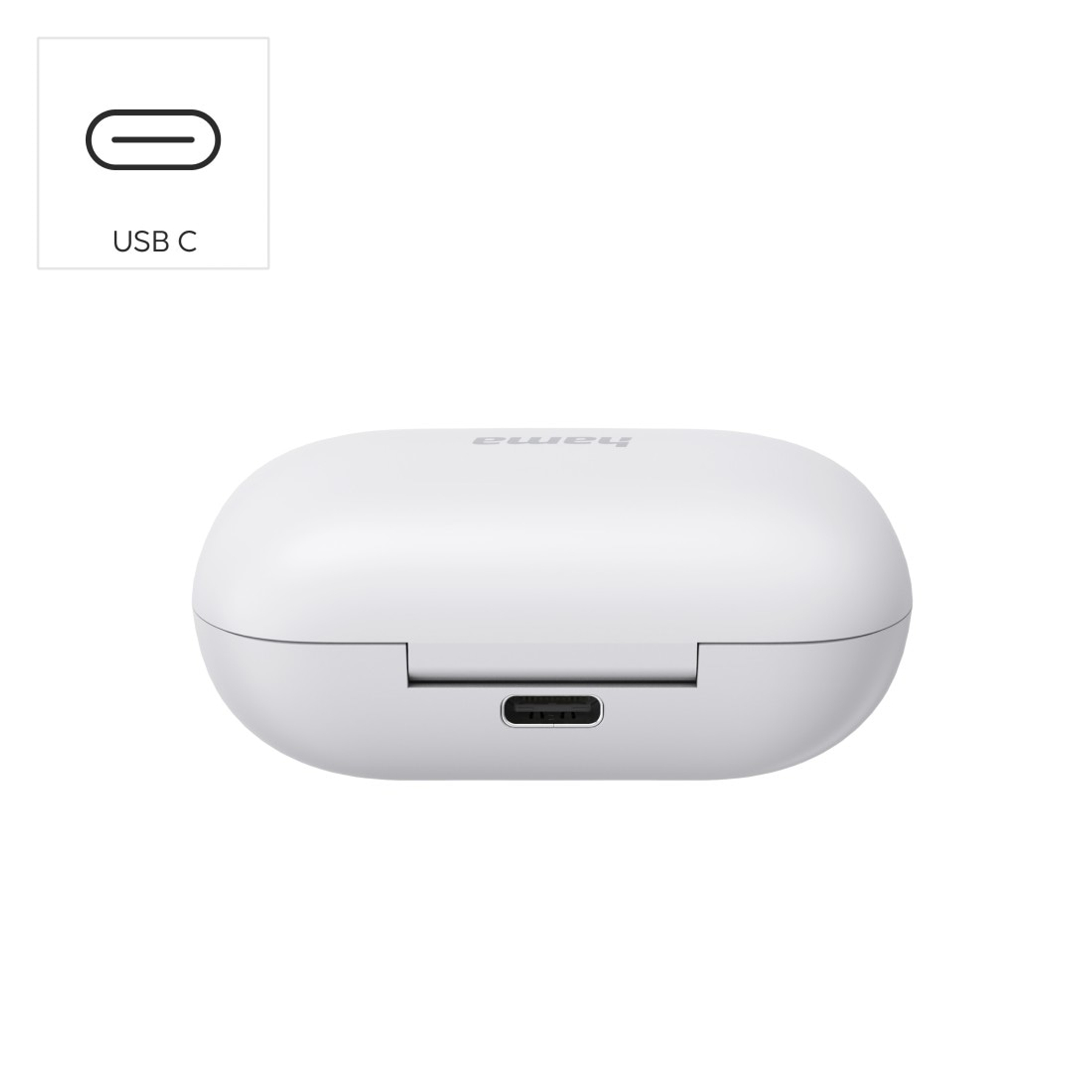Białe etui ładujące słuchawki z portem USB-C. Symbol i tekst USB-C w lewym górnym rogu.