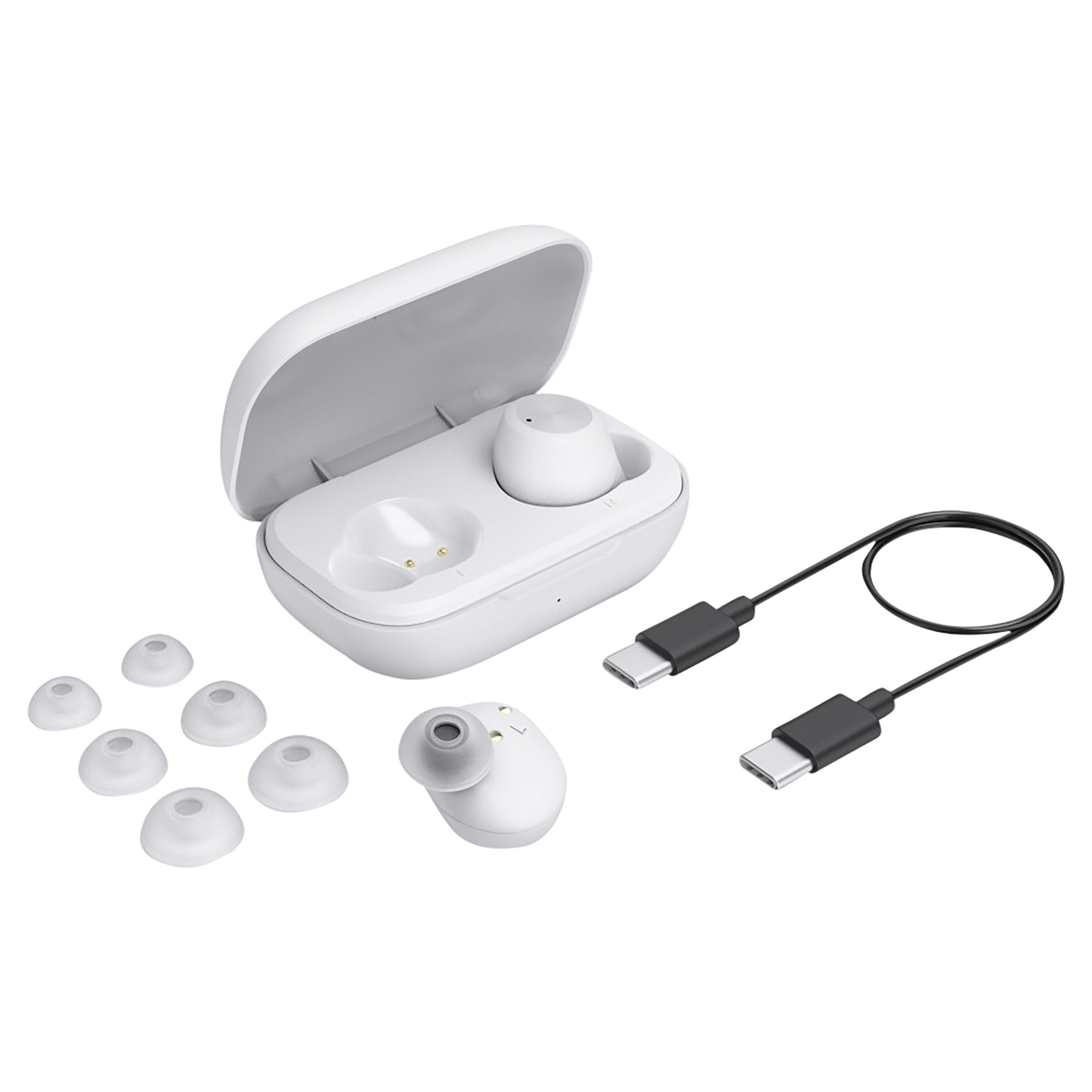 Białe bezprzewodowe słuchawki z etui ładującym, dodatkowymi wkładkami dousznymi i czarnym kablem USB-C na białym tle.