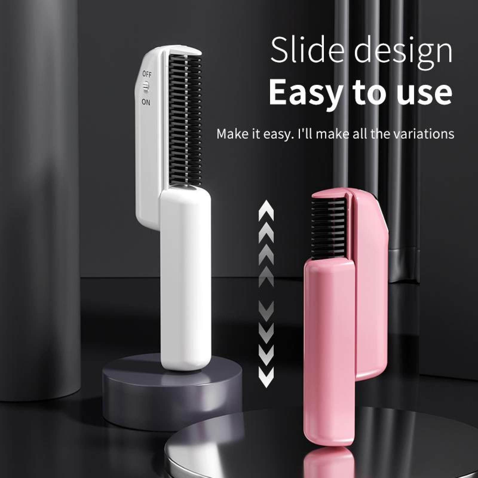 Das Bild zeigt zwei Haarglätter, einen weißen und einen rosa. Text weist auf ein Schiebendesign und einfache Bedienung hin.