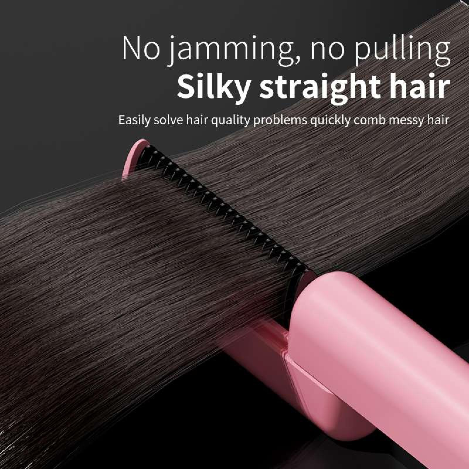 Ein rosa-schwarzer Haarglätter stylt dunkles Haar. Der Text lautet: 'Seidig glattes Haar'.